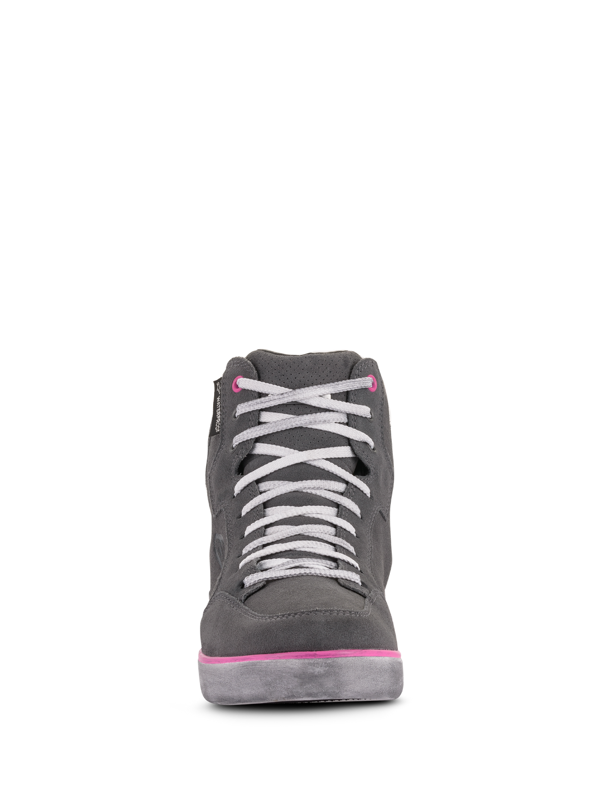Sapatos J-6 Waterproof Femininos Alpinestars, sapatos de condução para motociclismo, cinzento claro e fúcsia, vista frontal de sapatilha de cano alto com atacadores brancos e pormenores cor-de-rosa, construção em pele impermeável e camurça