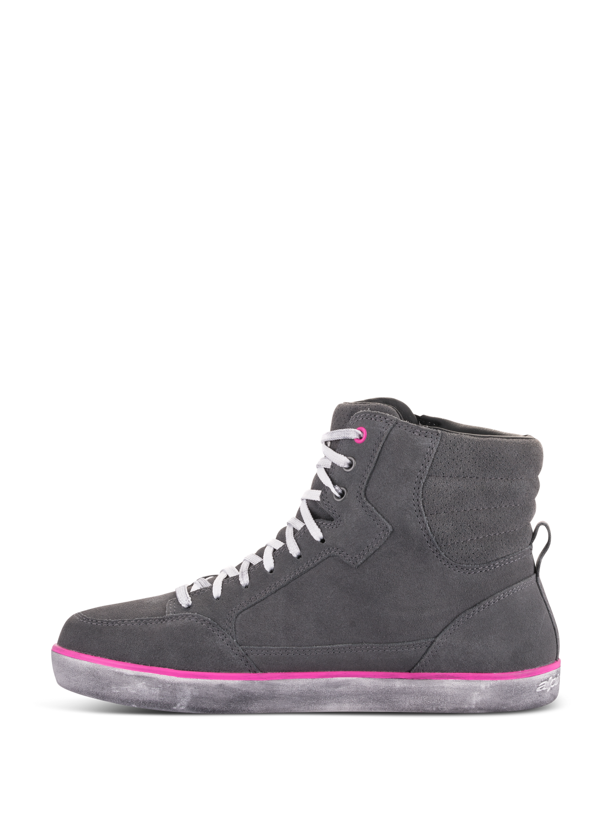Sapatos J-6 Waterproof para Mulher da Alpinestars, sapatos de condução, cinzento claro e fúcsia, design de sapatilha de cano alto com parte superior em camurça cinzenta, atacadores brancos, detalhes em fúcsia e sola de borracha cinzenta com efeito desgastado