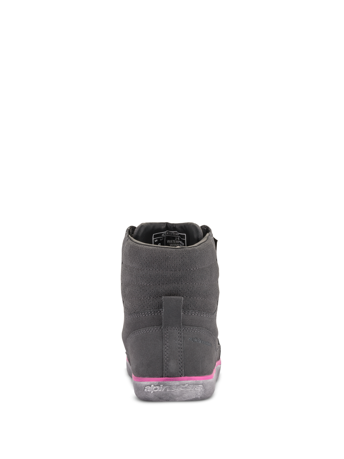 Sapato de Condução Impermeável Alpinestars J-6 para Mulher, cinzento e fúcsia, vista traseira, parte superior em camurça com detalhe rosa na entressola e logótipo em relevo na sola de borracha, calçado urbano para motociclismo