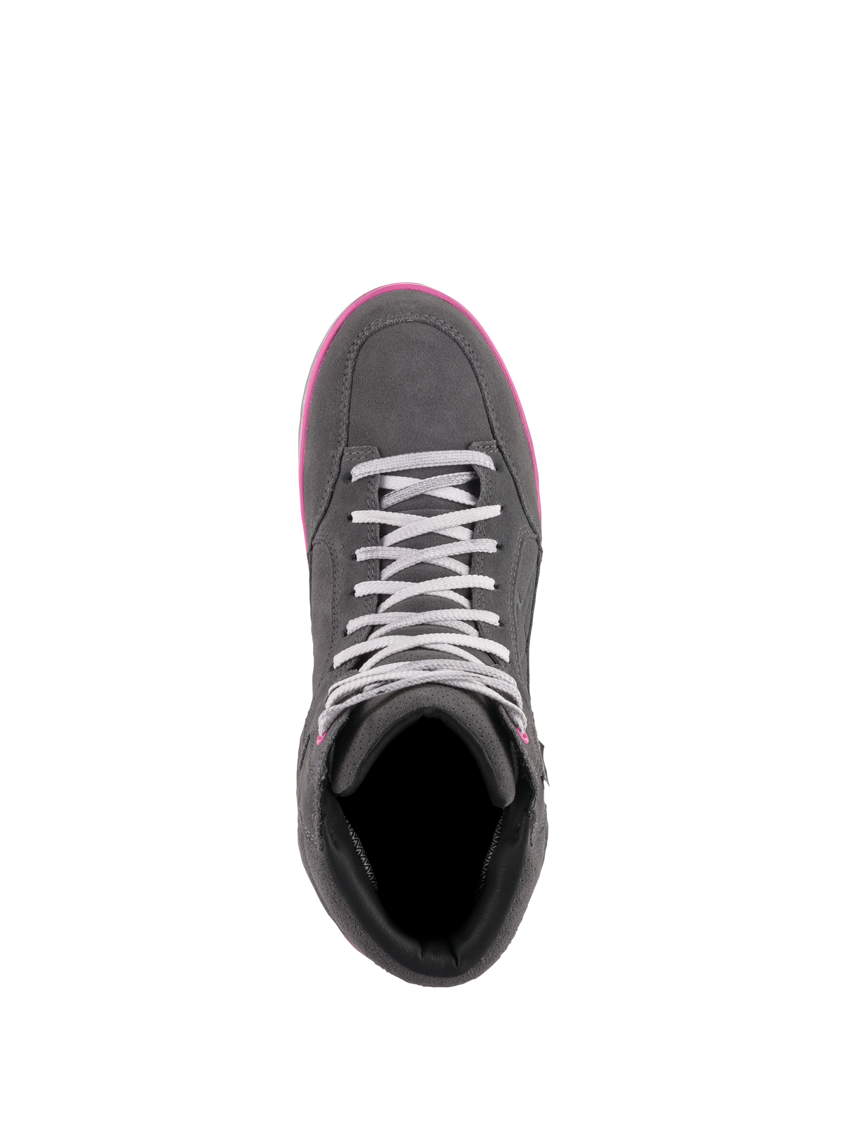 Sapatos J-6 Waterproof Femininos Alpinestars, sapatos de condução, cinza e fúcsia, vista superior mostrando a construção em camurça e couro, atacadores cinza claro e rebordo da sola em cor-de-rosa vivo.