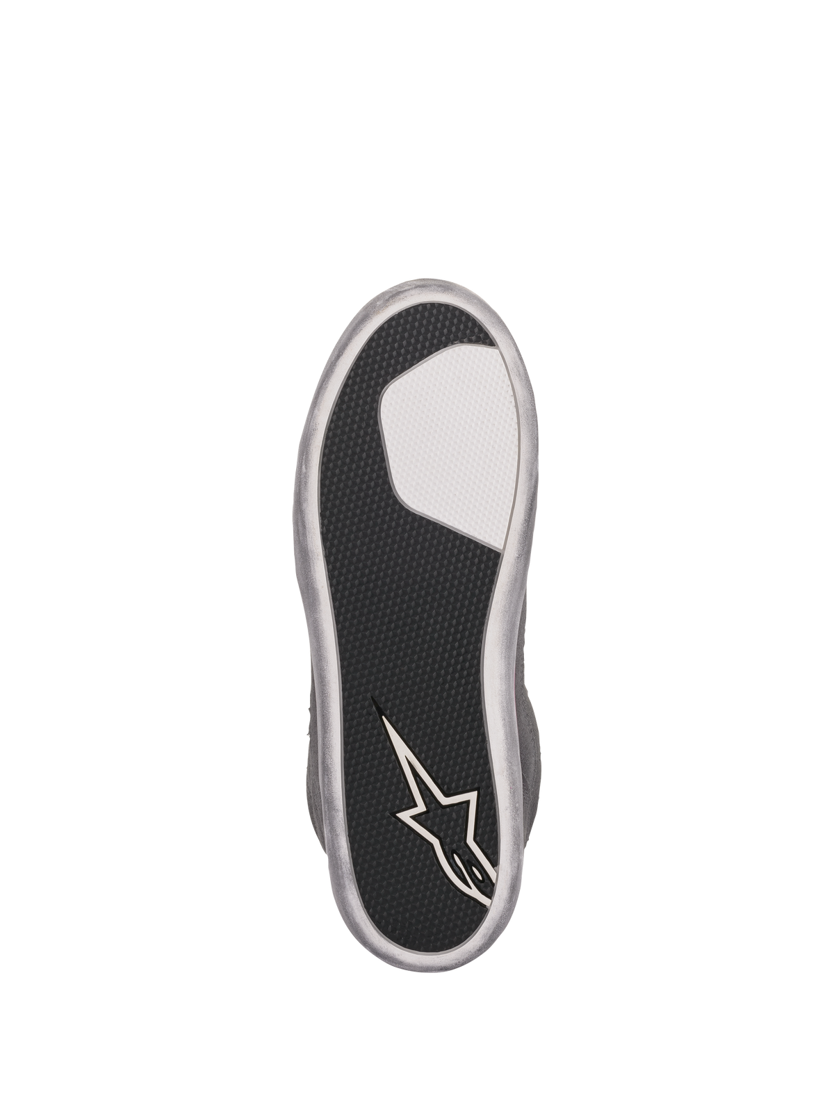 Sapatos Alpinestars J-6 Waterproof para Mulher, vista da sola, sola de borracha preta texturizada com inserção branca e logótipo de estrela Alpinestars no calcanhar, rebordo cinzento-prateado, design de aderência duradoura