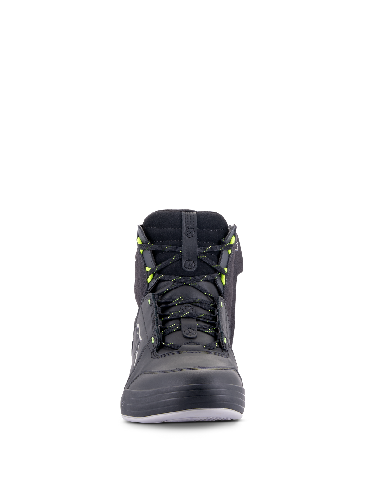 Sapatos Alpinestars Chrome Drystar®, sapatos de motociclismo urbanos, pretos, cinzento escuro e amarelo néon, vista frontal com atacadores com detalhes amarelos, construção de cano alto em pele e camurça, design casual impermeável de estilo streetwear
