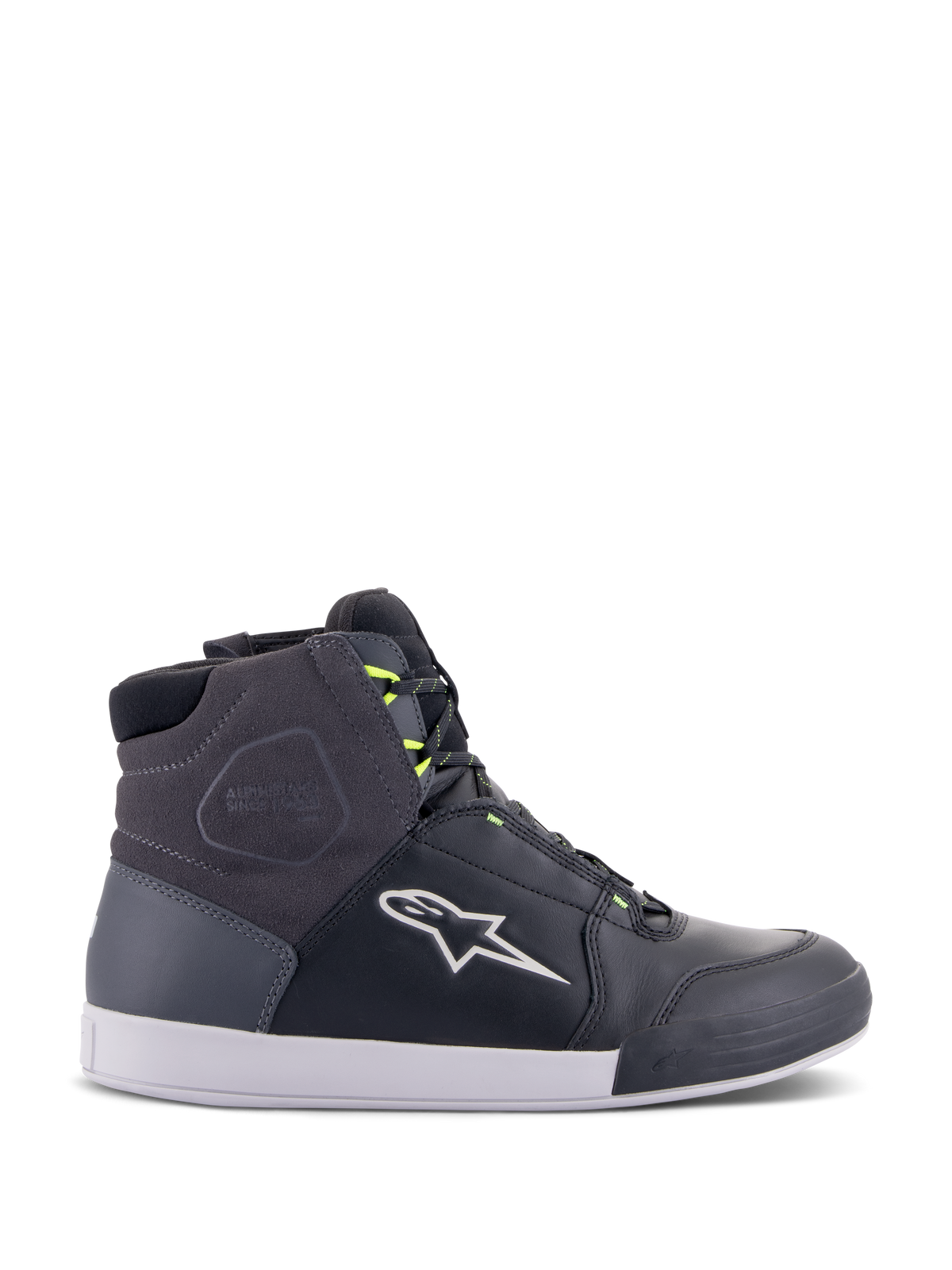Alpinestars Chrome Drystar Shoes, sapatilhas urbanas de motociclismo em preto, cinzento escuro e amarelo néon, painéis em pele premium e camurça, sola branca, atacadores amarelo néon e logótipo de estrela característico