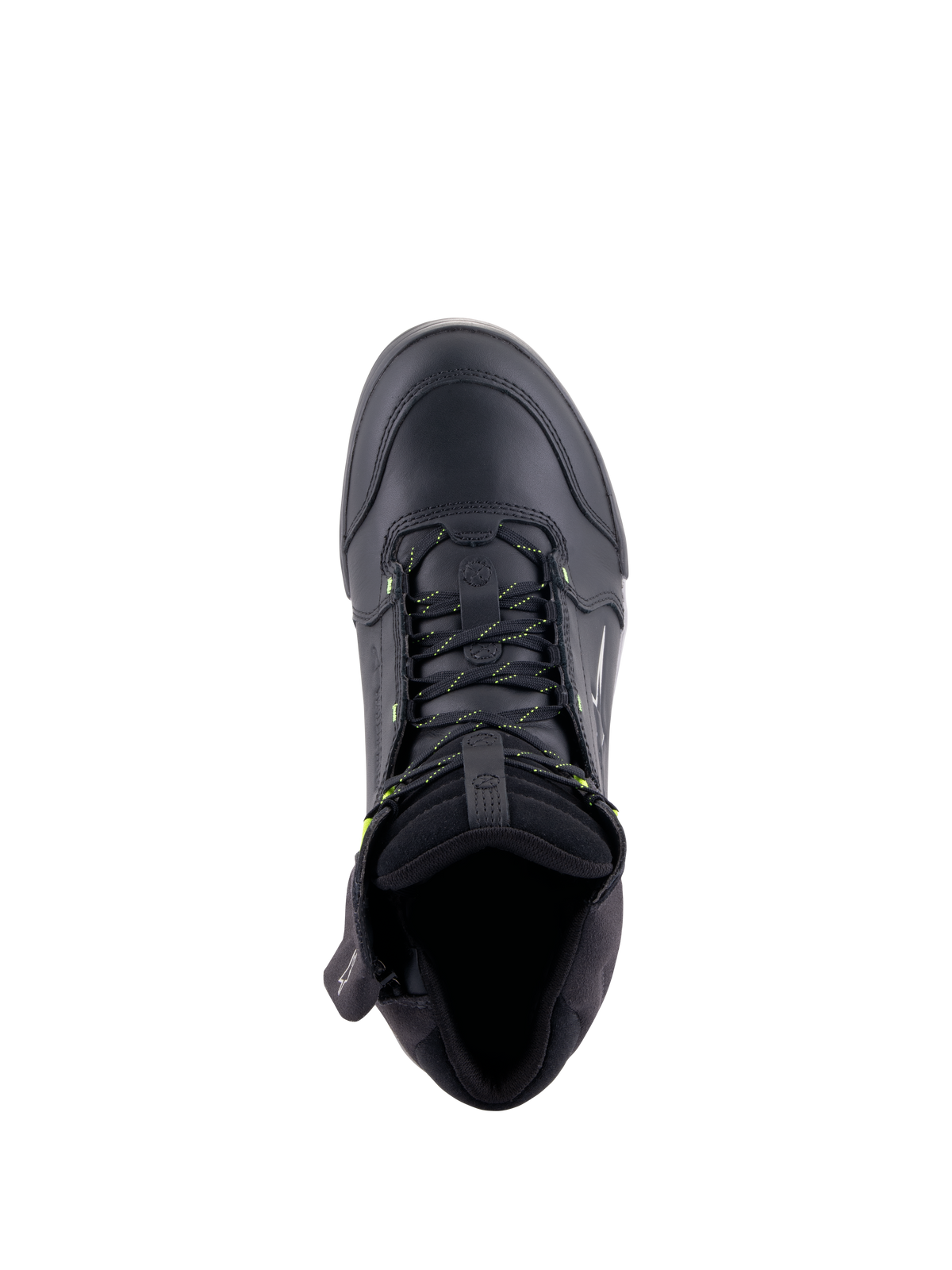 Sapatos Alpinestars Chrome Drystar®, sapatos de motociclismo urbanos, pretos e amarelo fluo, vista superior mostrando a construção em couro premium, atacadores com detalhes em amarelo e gola acolchoada para maior conforto