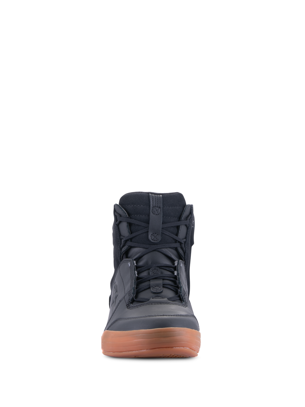 Sapatos Alpinestars Chrome Drystar®, preto e gum, vista frontal de sapato de condução urbana para motociclismo, estilo casual de sapatilha de cano alto com atacadores, construção em pele e camurça com sola de borracha castanha