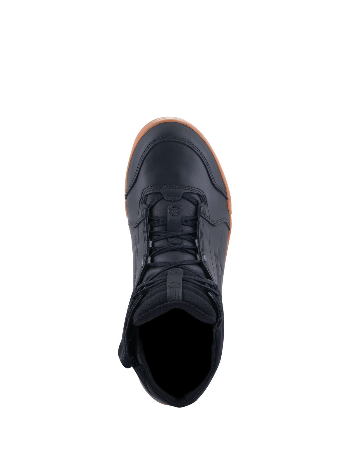 Sapatos Alpinestars Chrome Drystar®, sapatos de motociclismo, preto e gum, vista superior mostrando atacadores e colarinho acolchoado, design urbano casual com parte superior em pele e sola de borracha gum