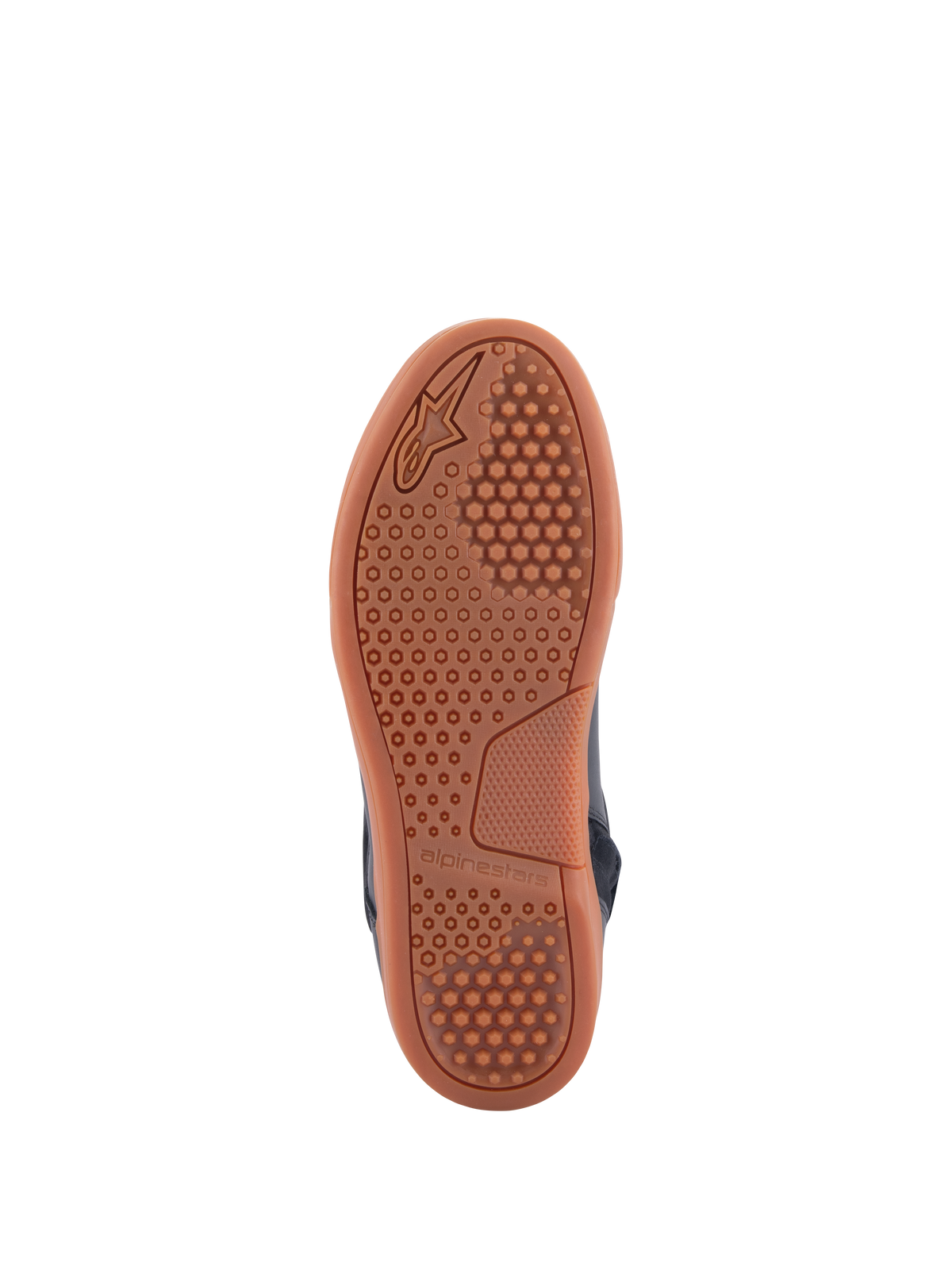 Sapatos Alpinestars Chrome Drystar®, vista da sola, sola exterior de borracha em tom mel com padrão de aderência hexagonal, calçado casual urbano para motociclismo, na combinação de cores Black Black Gum