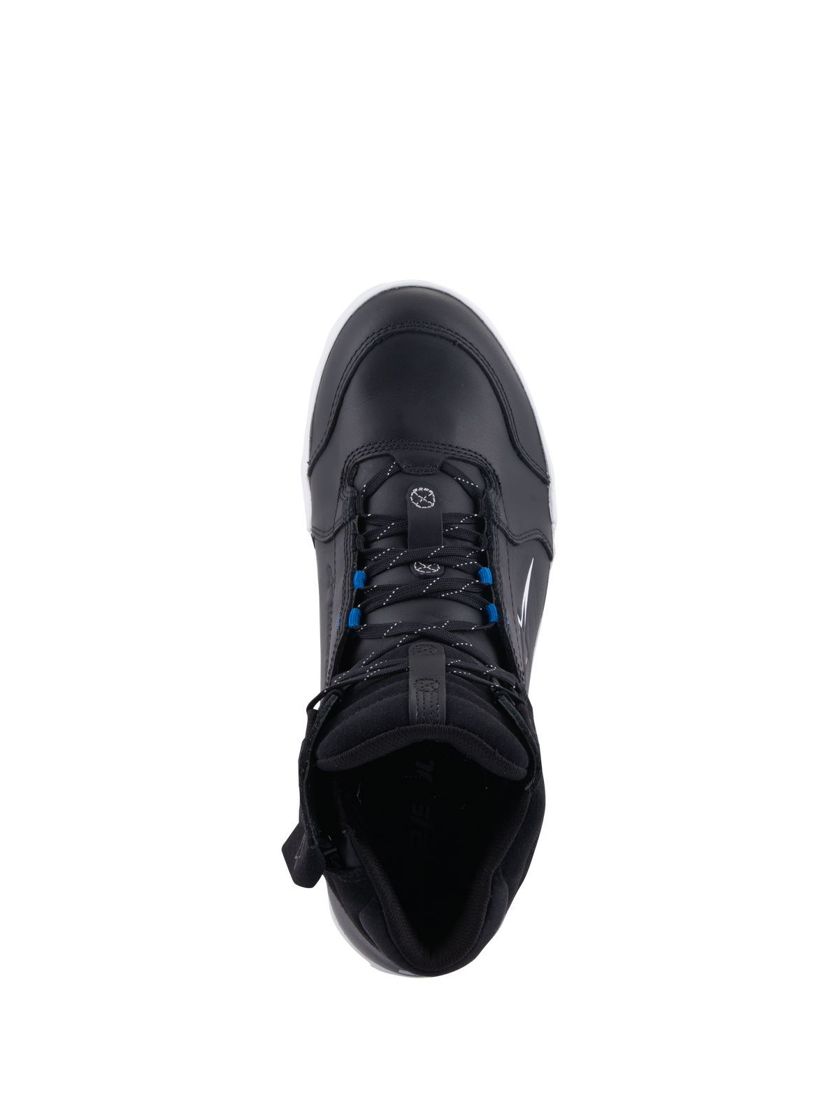 Sapatos Alpinestars Chrome Drystar®, sapatos urbanos para motociclismo, preto branco azul, vista de cima com atacadores pretos e detalhes azuis, construção em pele premium e design protetor de estilo urbano