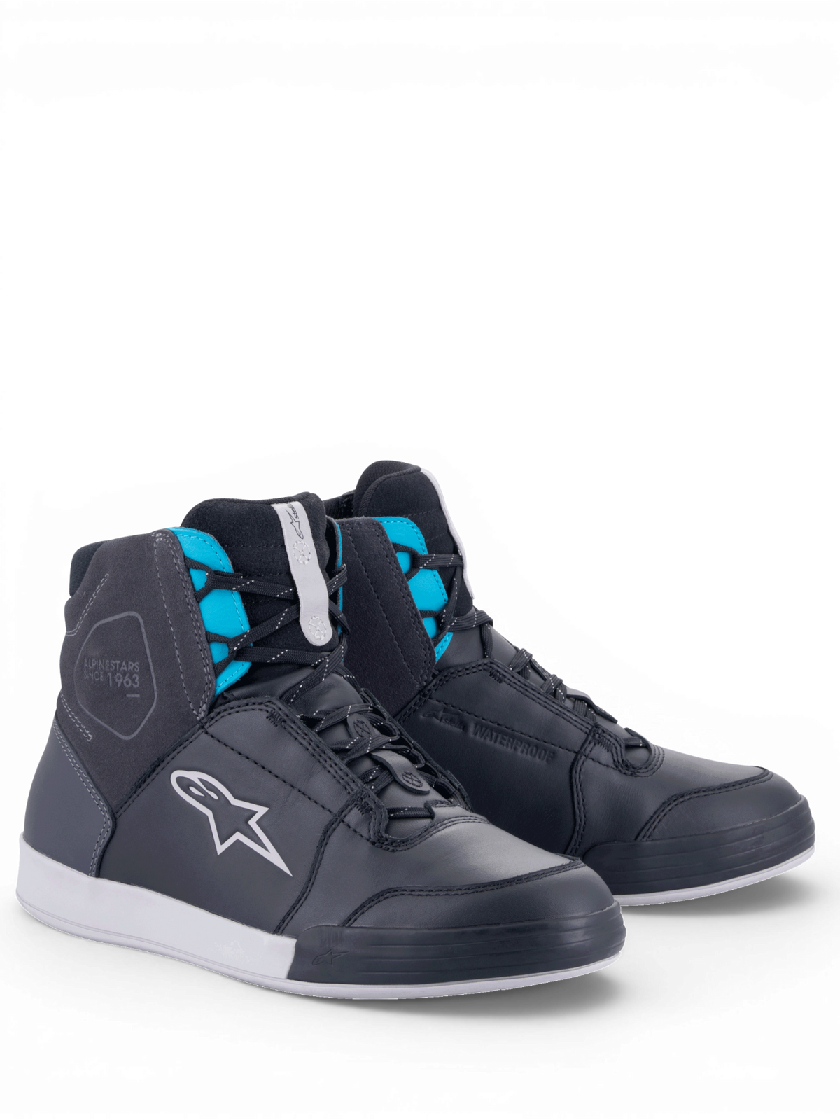 Alpinestars Chrome Drystar, sapatos de moto para mulher, pretos e turquesa, couro, impermeáveis, estilo urbano.