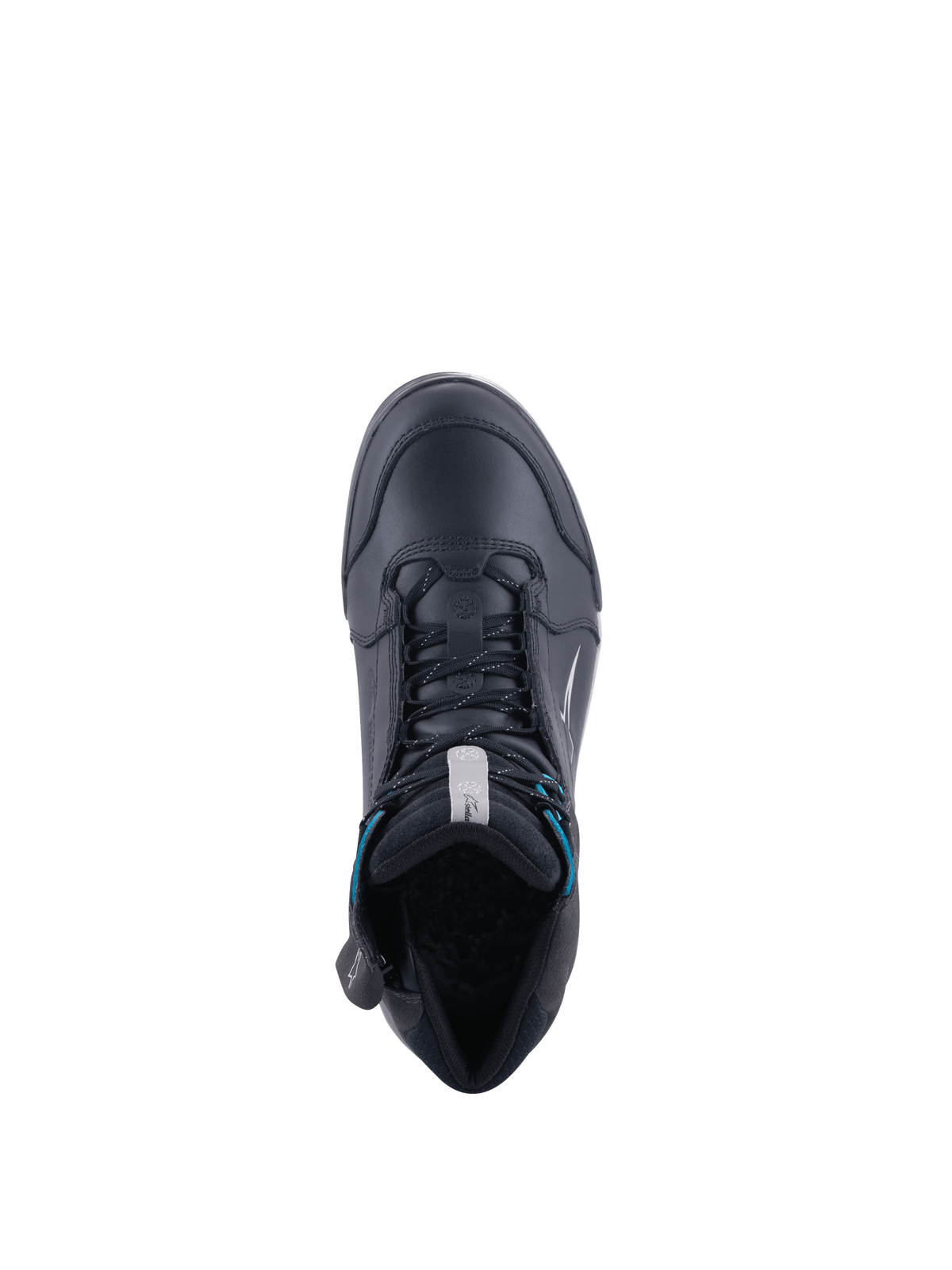 Sapatos de moto Alpinestars Chrome Drystar para mulher, pretos e turquesa, impermeáveis, vista superior.