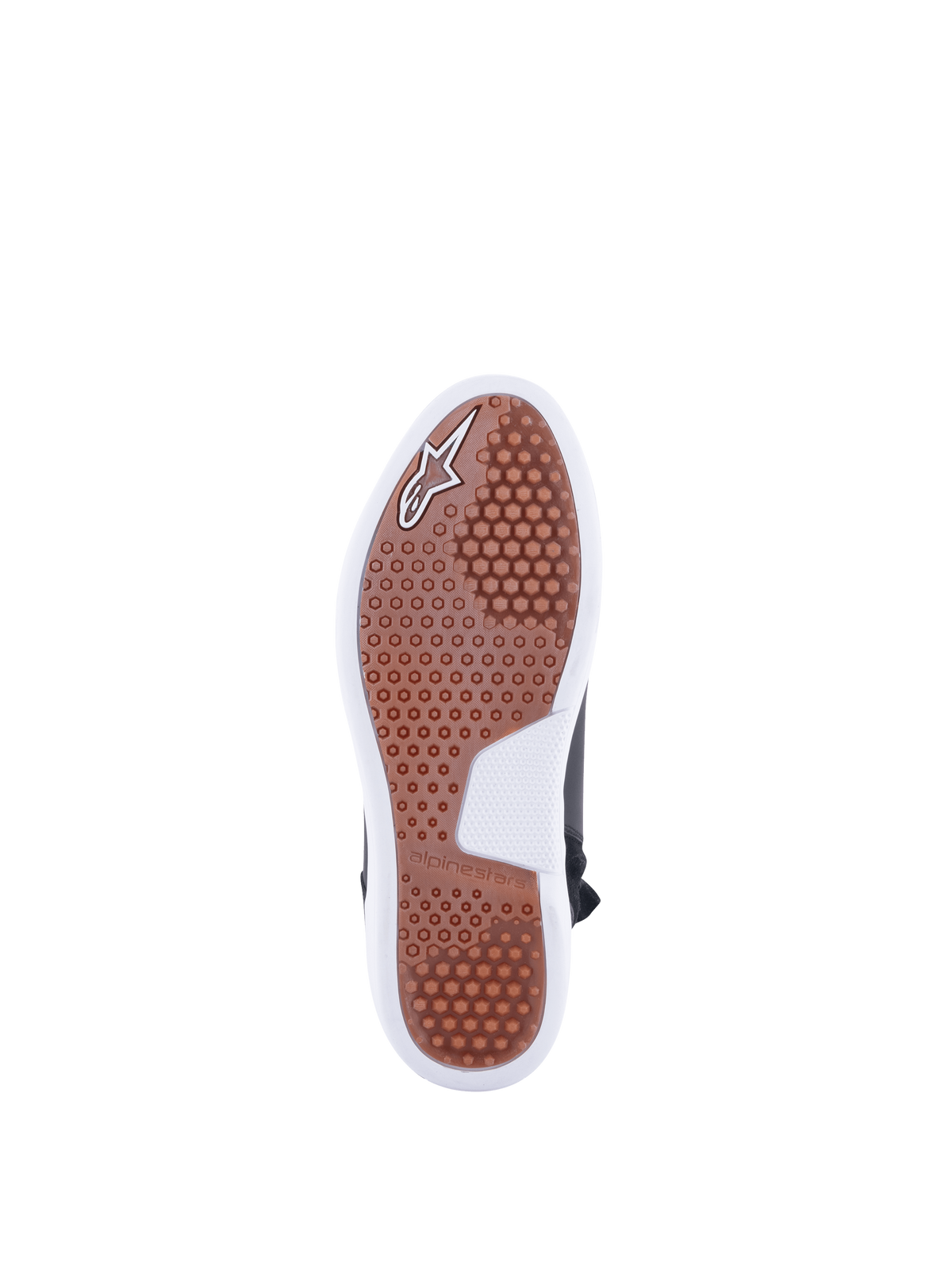 Alpinestars Stella Chrome Drystar, sapatos de moto urbanos para mulher, sola de borracha castanha com padrão hexagonal e detalhes brancos