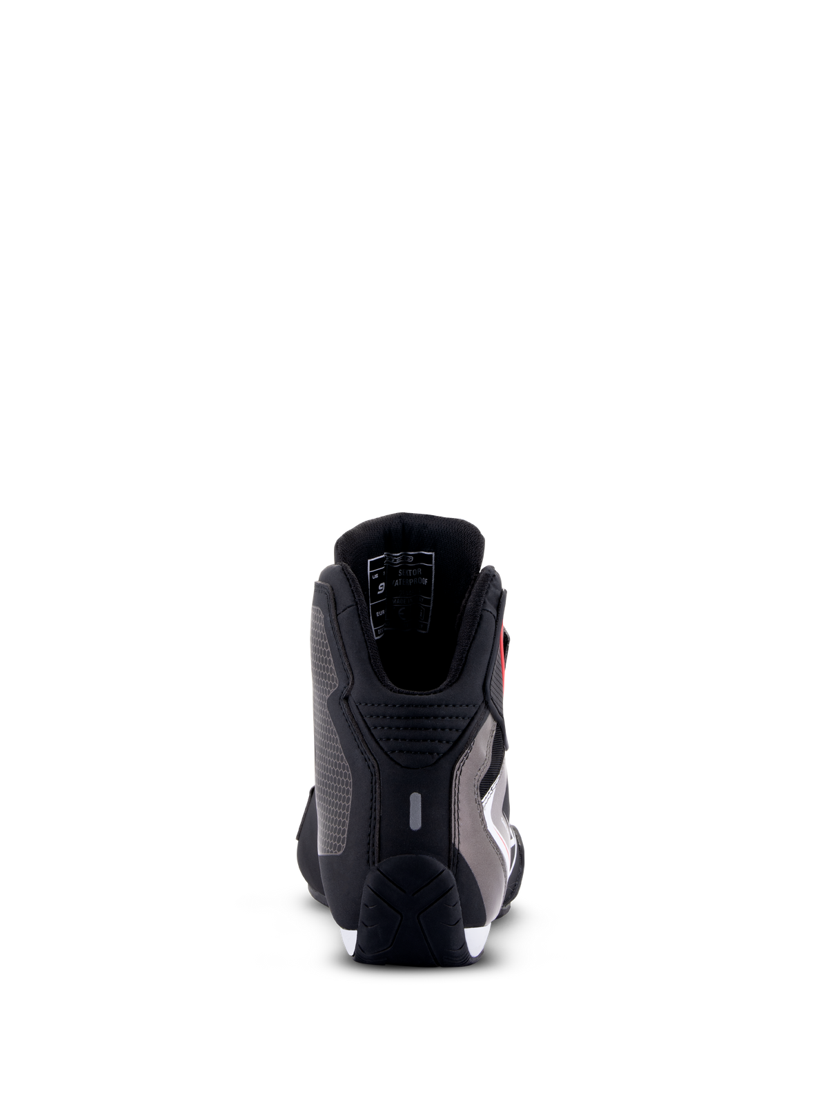 Sapatos Impermeáveis Alpinestars Sektor, sapatos de motociclismo, preto, branco e cinzento, vista traseira com a proteção do calcanhar, chassi de microfibra e sola de borracha durável.