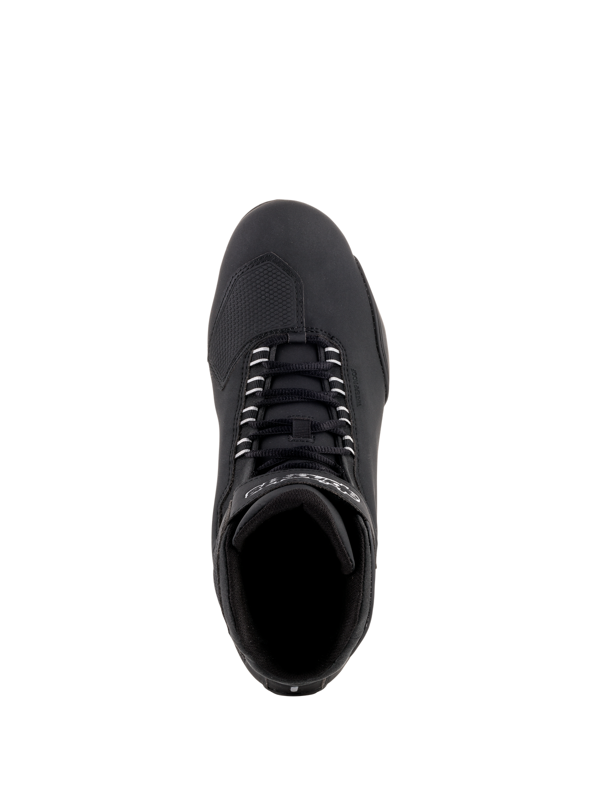 Alpinestars Sektor Waterproof Shoes, sapatos de motociclismo pretos, vista superior com atacadores pretos e biqueira reforçada, construção elegante em microfibra para performance em estrada