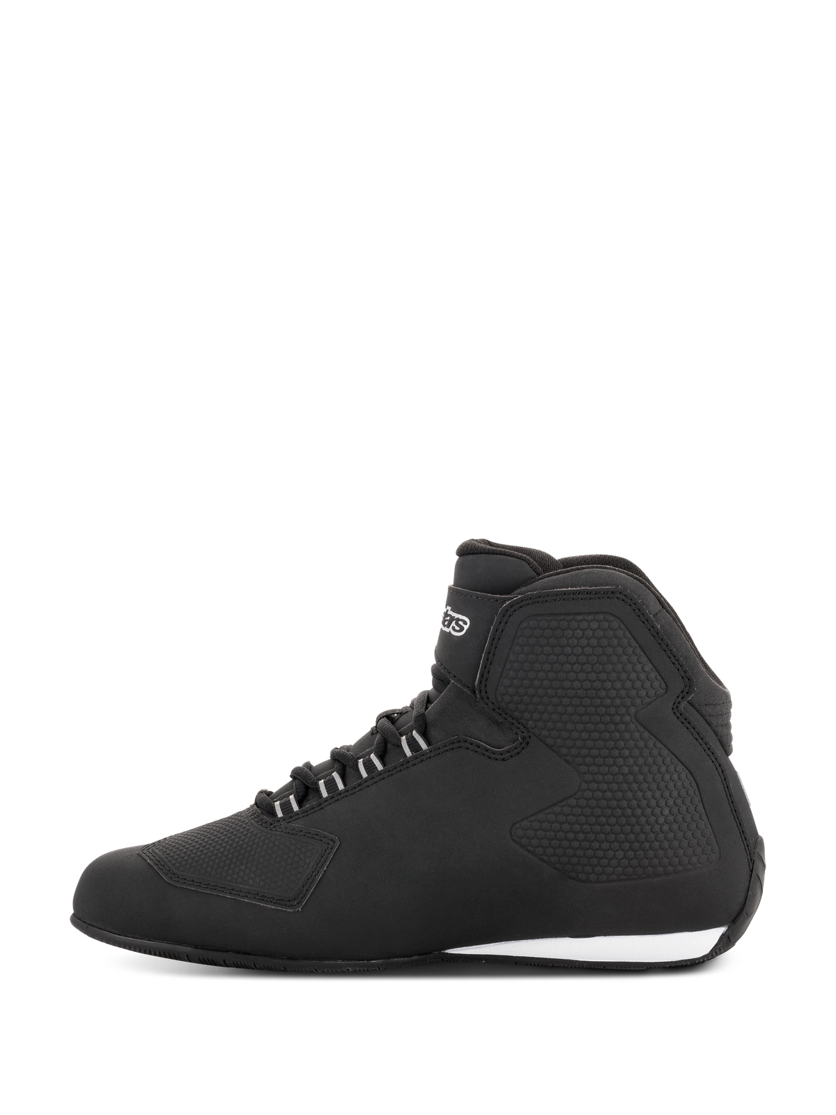 Sapatos Alpinestars Stella Sektor Waterproof, sapatos de condução para mulher, preto e prata, vista de perfil lateral com parte superior em microfibra leve, sistema de atacadores rápidos com detalhes prateados e construção impermeável elegante com painéis de proteção integrados.