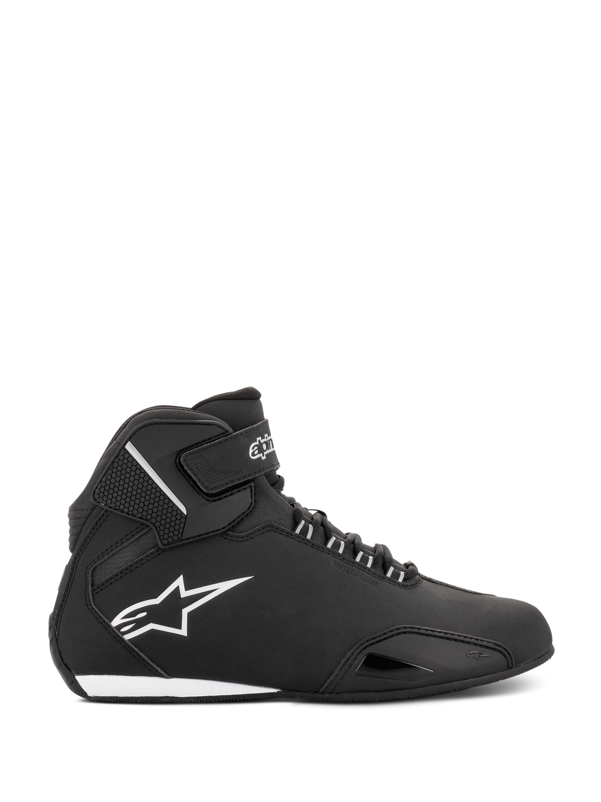 Alpinestars Stella Sektor Waterproof para Mulher, sapatos de motociclismo, preto e prateado, perfil lateral de um sapato de cano alto com chassi em microfibra leve, logótipo Astars branco e fecho seguro com atacadores e tira