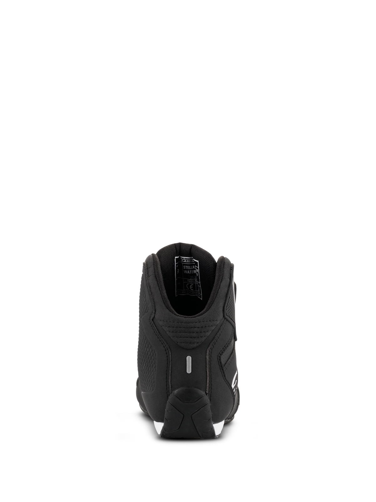 Sapatos Alpinestars Stella Sektor Impermeáveis para Mulher, sapatos de motociclismo, preto e prateado, vista traseira mostrando o calcanhar reforçado e detalhe refletor, chassi em microfibra leve com forro de membrana impermeável