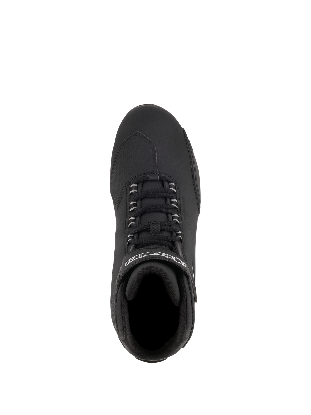 Sapatos Alpinestars Stella Sektor Waterproof, sapatos de motociclismo para mulher, preto e prateado, vista superior mostrando o sistema de laço rápido e a tira com logótipo, parte superior em microfibra com proteção de mudanças texturizada para condução em estrada