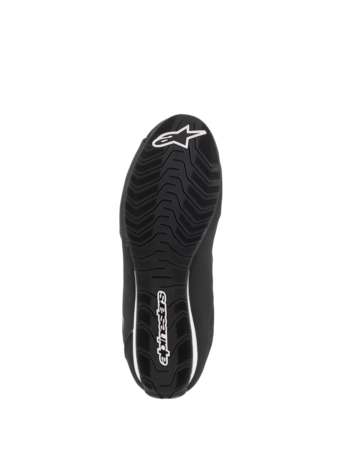 Alpinestars Stella Sektor Waterproof Shoes para Mulher, vista inferior da sola de borracha preta, com um padrão de aderência ondulado e texturizado para tração, logótipo da estrela e marca Alpinestars em branco, desenhada para escoamento de água e aderência.