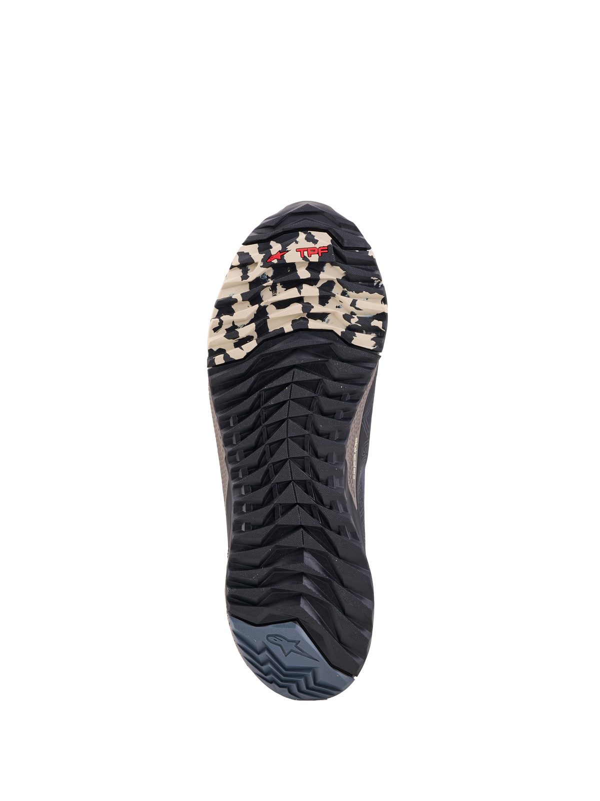 Alpinestars Cr X Gore Tex Sapatos, sapatos de moto de cano baixo, vista da sola mostrando o padrão de piso e proteção TPF, preto, cinzento-escuro e bege, construção impermeável GORE-TEX