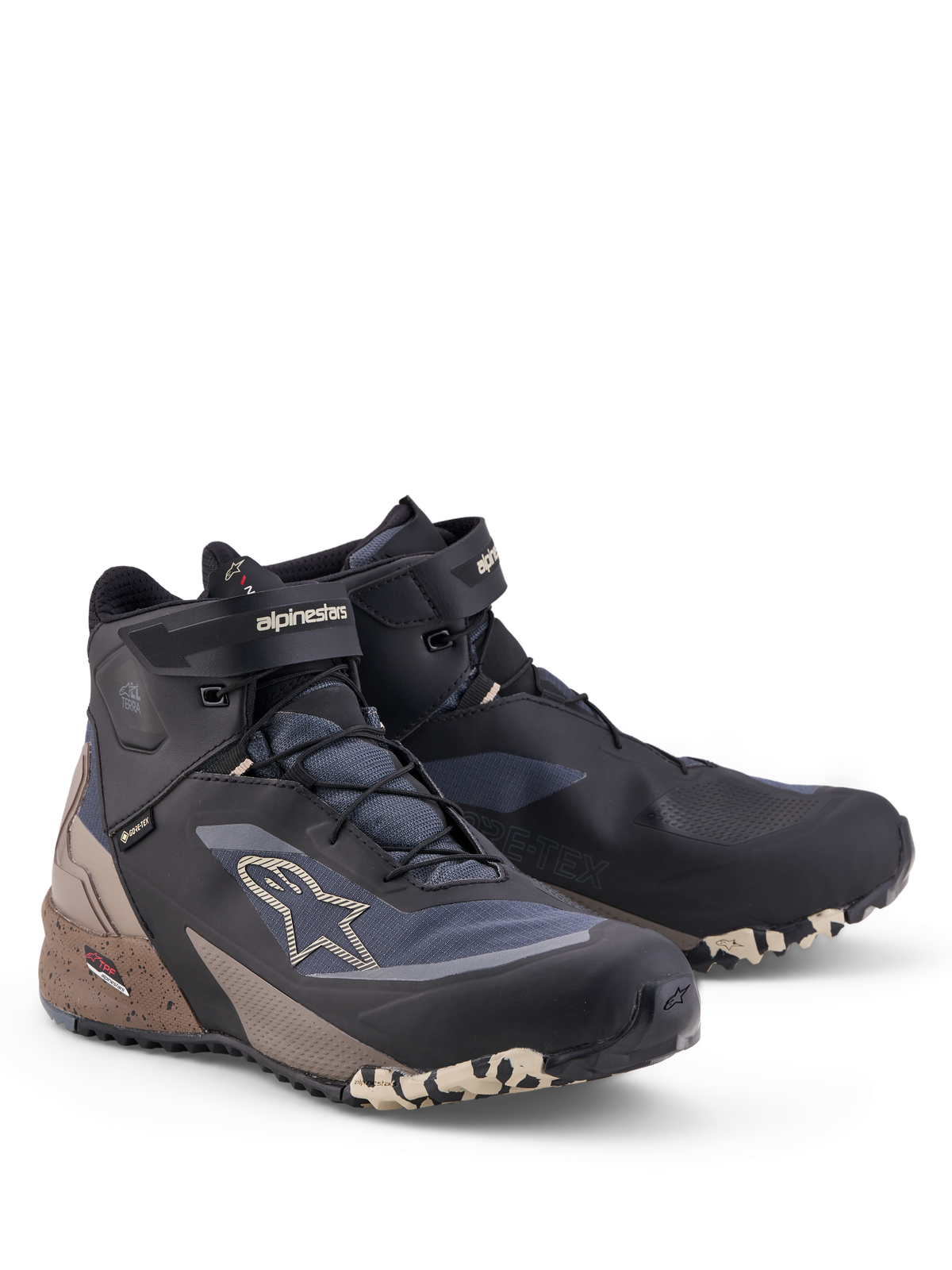 Alpinestars CR-X GORE-TEX, sapatos de moto de cano baixo, pretos, cinzentos e bege, membrana GORE-TEX impermeável, calçado todo-o-terreno adventure