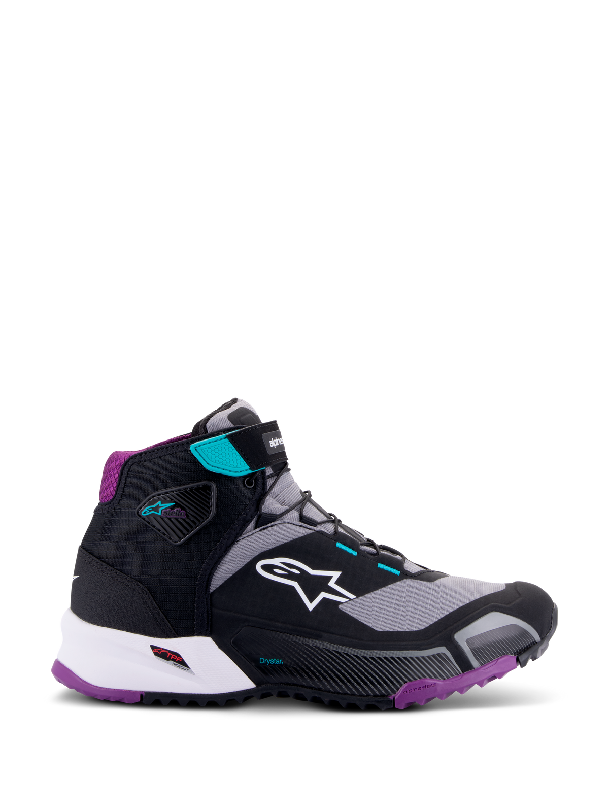 Sapatos de Pilotagem Alpinestars CR-X Drystar® Femininos, Preto, Cinzento, Ameixa e Verde-Água, calçado de motociclismo de cano alto, logótipo Alpinestars branco na lateral, sola e acolchoamento do calcanhar em tom ameixa, detalhes verde-água na tira do tornozelo e nos passadores, design desportivo elegante para turismo e deslocações urbanas