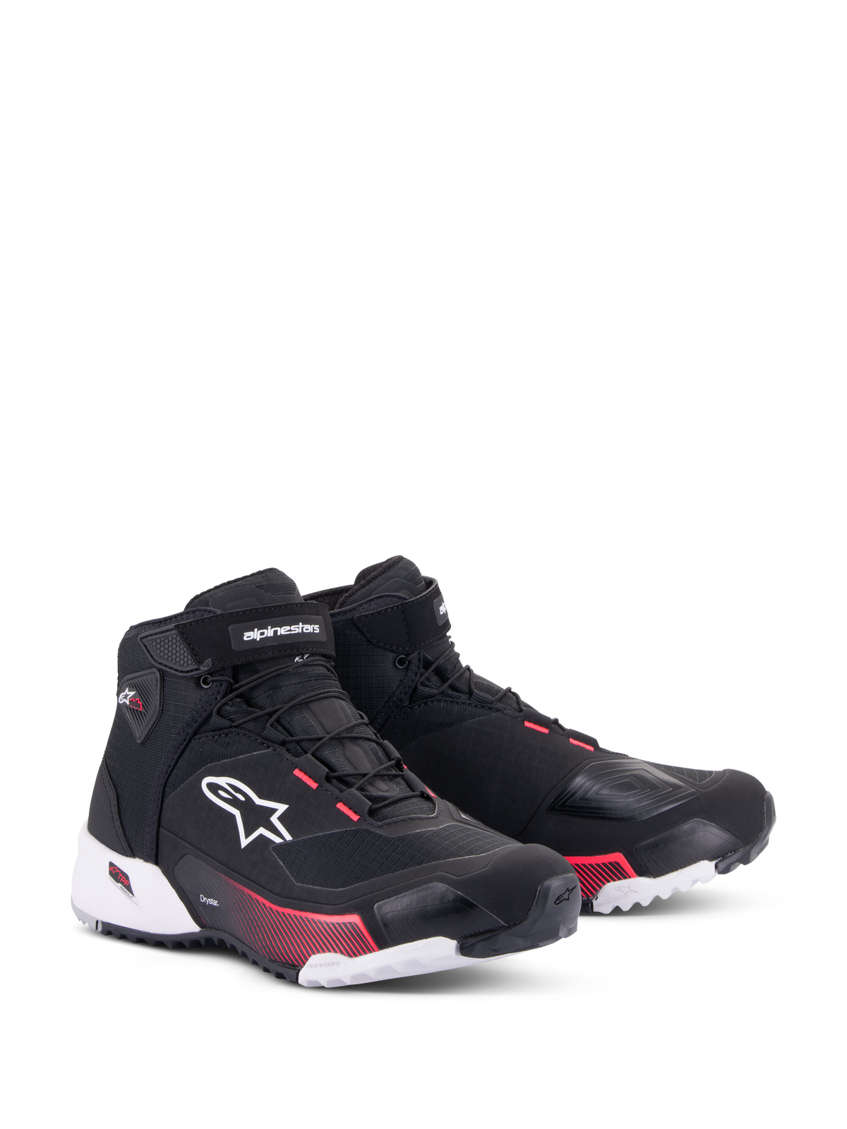 Sapatos de Pilotagem Femininos Alpinestars CR-X Drystar®, sapatos de motociclismo, preto, branco e rosa diva, vista frontal de três quartos, parte superior em ripstop com logótipo Alpinestars branco, detalhes cor-de-rosa na entressola e nos ilhós, design elegante e protetor para touring