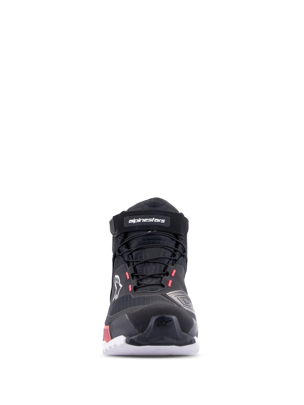 Sapatos de Pilotagem Alpinestars CR-X Women's Drystar®, Preto Branco Diva Pink, vista frontal, calçado de motociclismo impermeável com parte superior em tecido técnico, atacadores e tira de velcro no tornozelo, com logótipo branco e detalhes diva pink