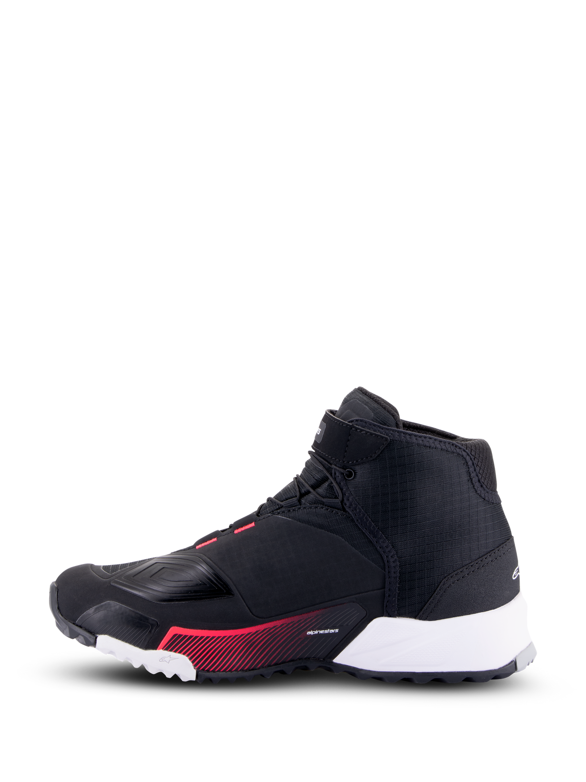 Sapatos de Pilotagem Alpinestars CR-X Women's Drystar®, sapatos de motociclismo, preto, branco e rosa diva, vista de perfil lateral mostrando a parte superior em ripstop preto, secção do calcanhar branca e detalhes gráficos em rosa, estilo urbano com características de proteção