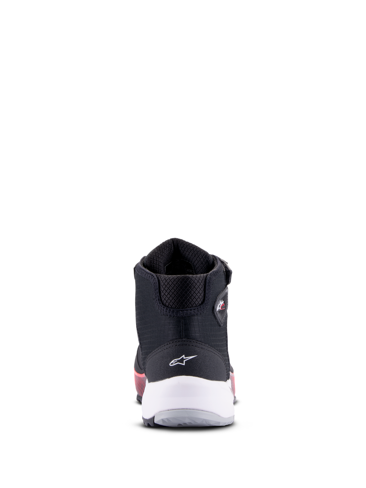 Alpinestars CR-X Women's Drystar Riding Shoe, sapatos de pilotagem femininos, preto, branco e rosa diva, vista traseira com suporte de calcanhar branco e logótipo de estrela, calçado técnico de motociclismo com detalhes cor-de-rosa na sola