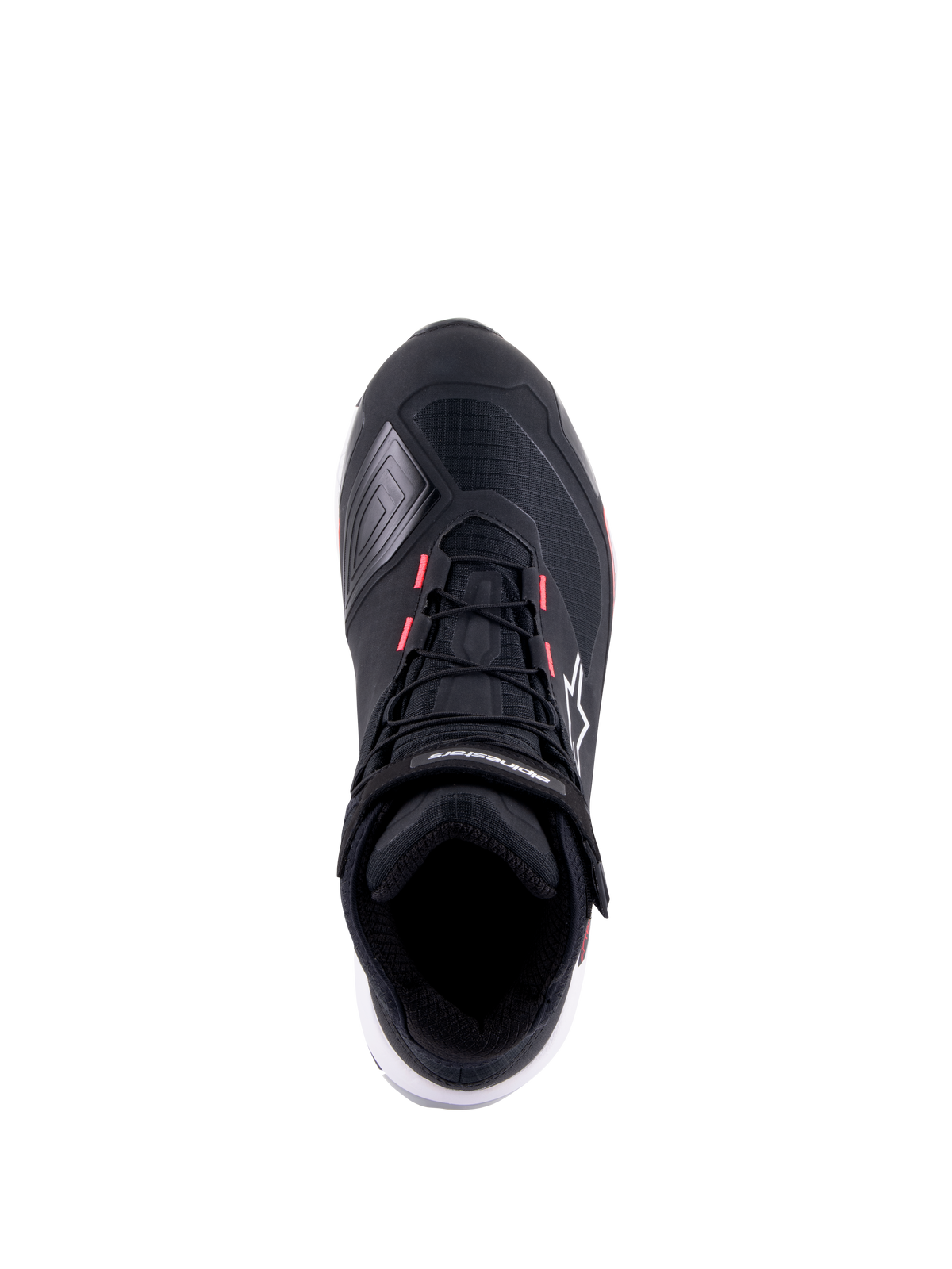 Sapatos de Pilotagem Femininos Alpinestars CR-X Drystar, Preto, Branco e Rosa Diva, vista superior com parte superior em ripstop técnico, detalhes em rosa nos ilhós dos atacadores e logótipo Alpinestars na tira do tornozelo e na lateral.