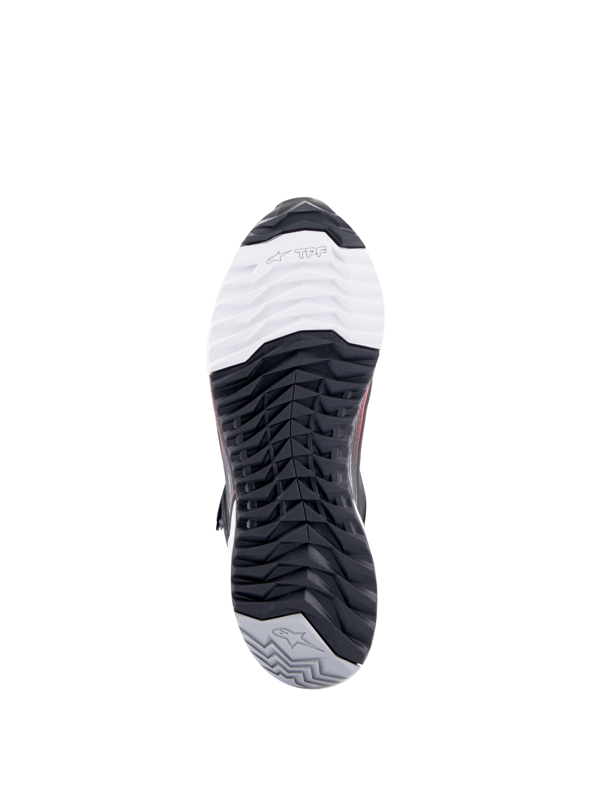 Alpinestars CR-X Women's Drystar® Riding Shoe, sapato de motociclismo, vista inferior da sola, com a marca TPF Transversal Protection Frame na zona frontal branca, padrão de rasto multidirecional preto e calcanhar cinzento com o logótipo da estrela.