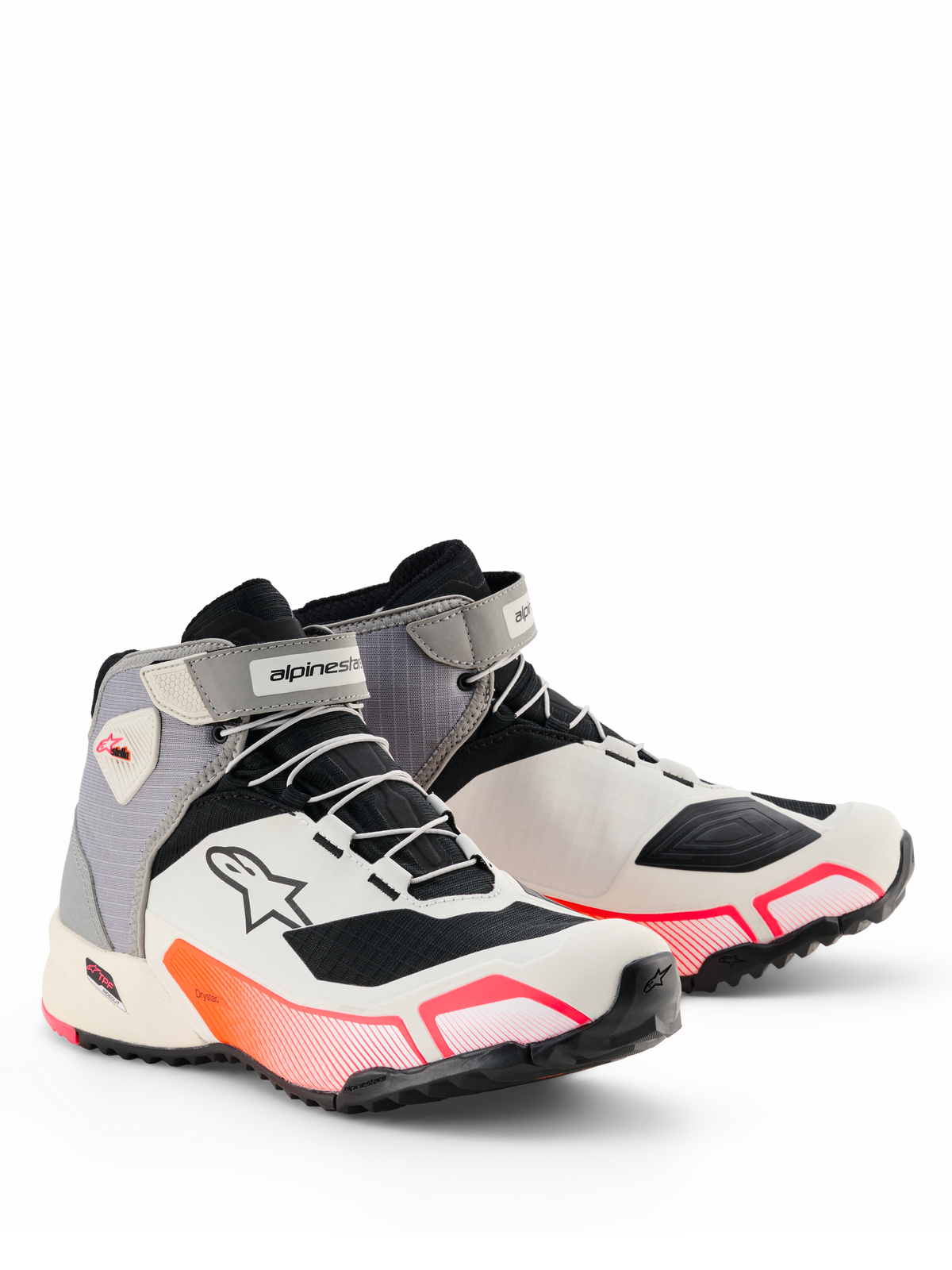 Sapatos de Motociclismo Alpinestars CR-X Femininos Drystar®, branco, cinzento médio, preto e rosa Diva Pink, silhueta atlética elegante com detalhes vibrantes em degradê rosa, tiras de velcro no tornozelo e logótipo Astar na lateral, calçado de proteção impermeável para condução em estrada