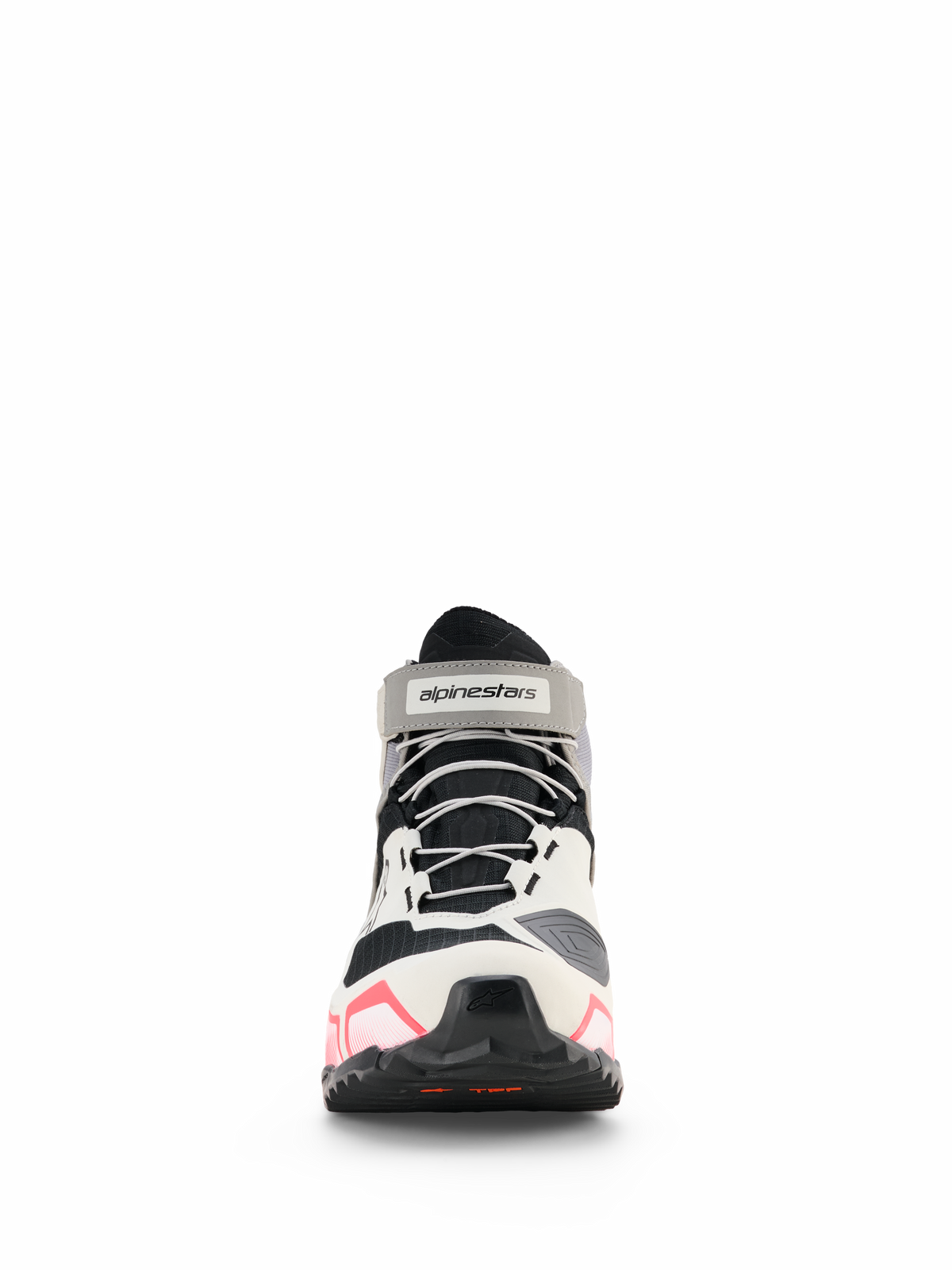 Sapatos Alpinestars CR-X Women's Drystar®, sapatos de motociclismo para mulher, branco, cinzento médio, preto e rosa Diva, vista frontal com atacadores cinzentos e tira no tornozelo com marca, design de estilo desportivo com detalhes cor-de-rosa na sola, calçado de motociclismo impermeável