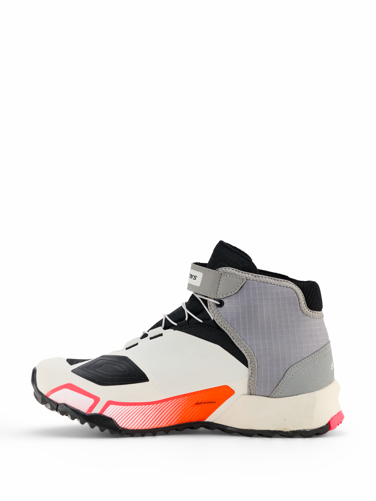 Sapatos de Motociclismo Alpinestars CR-X Drystar® Femininos, em branco, cinzento médio, preto e rosa diva, perfil lateral com design desportivo, tira no tornozelo e sola espessa, concebidos para conforto ao caminhar durante todo o dia e proteção