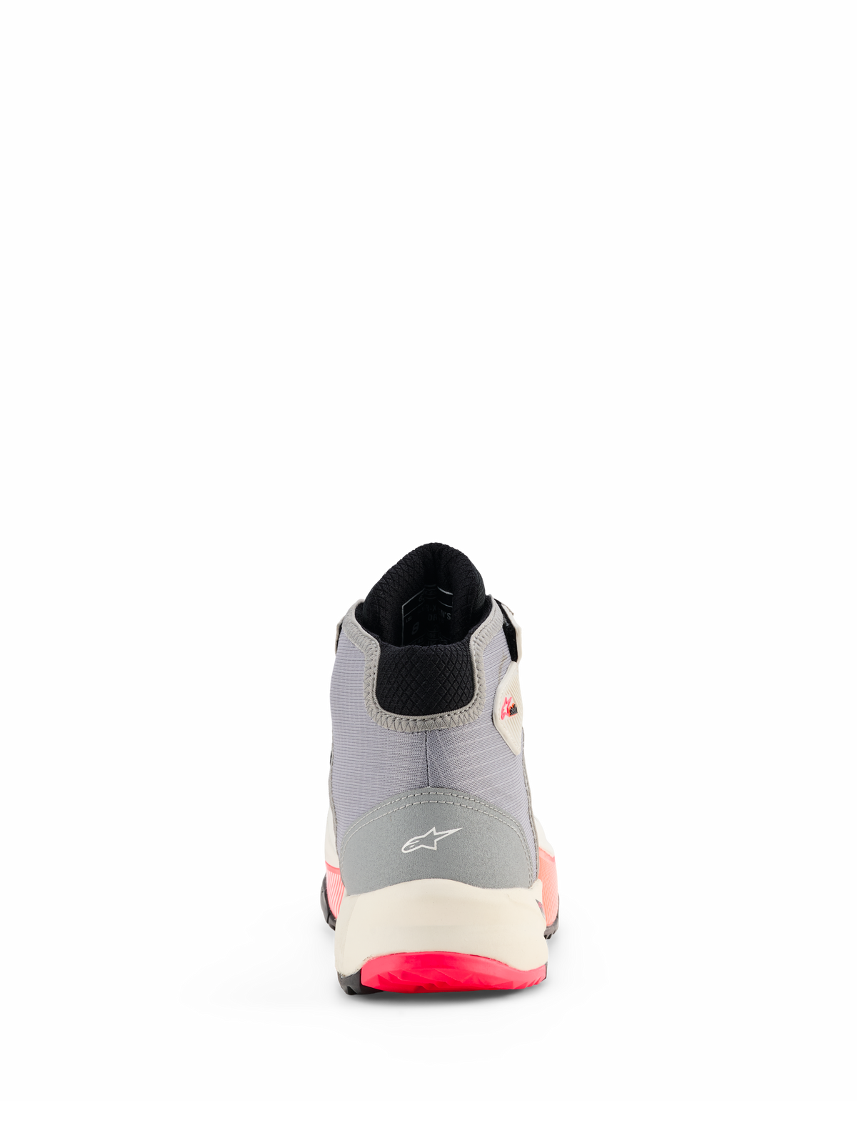Alpinestars CR-X Women's Drystar® Riding Shoes, sapatos de motociclismo, branco, cinzento médio, preto e Diva Pink, vista traseira mostrando a construção do calcanhar com o logótipo Alpinestars, entressola branca e detalhes da sola em cor-de-rosa vibrante
