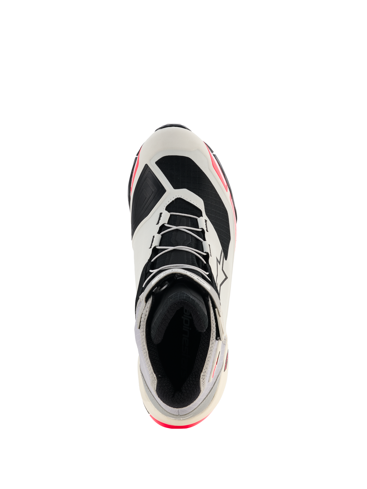 Alpinestars CR-X Women's Drystar® Riding Shoes, Branco, Cinzento Médio, Preto e Diva Pink, vista superior destacando os atacadores e o forro interior, design inspirado em sapatilhas de corrida com detalhes em rosa, calçado impermeável para motociclismo