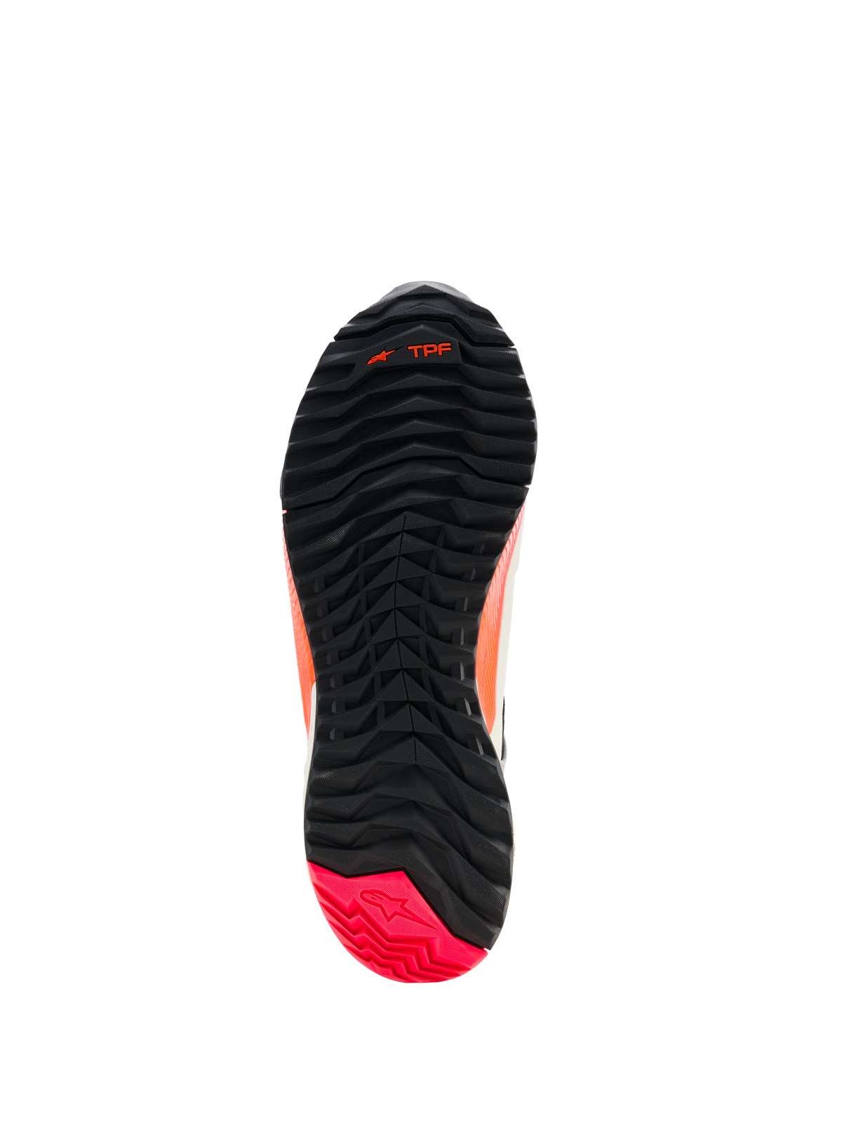 Sapatos de Motociclismo Femininos Alpinestars CR-X Drystar®, vista da sola, pretos com calcanhar Rosa Diva, padrão de rasto robusto com configuração de pitões assimétrica, ranhuras de flexão no antepé e marca TPF