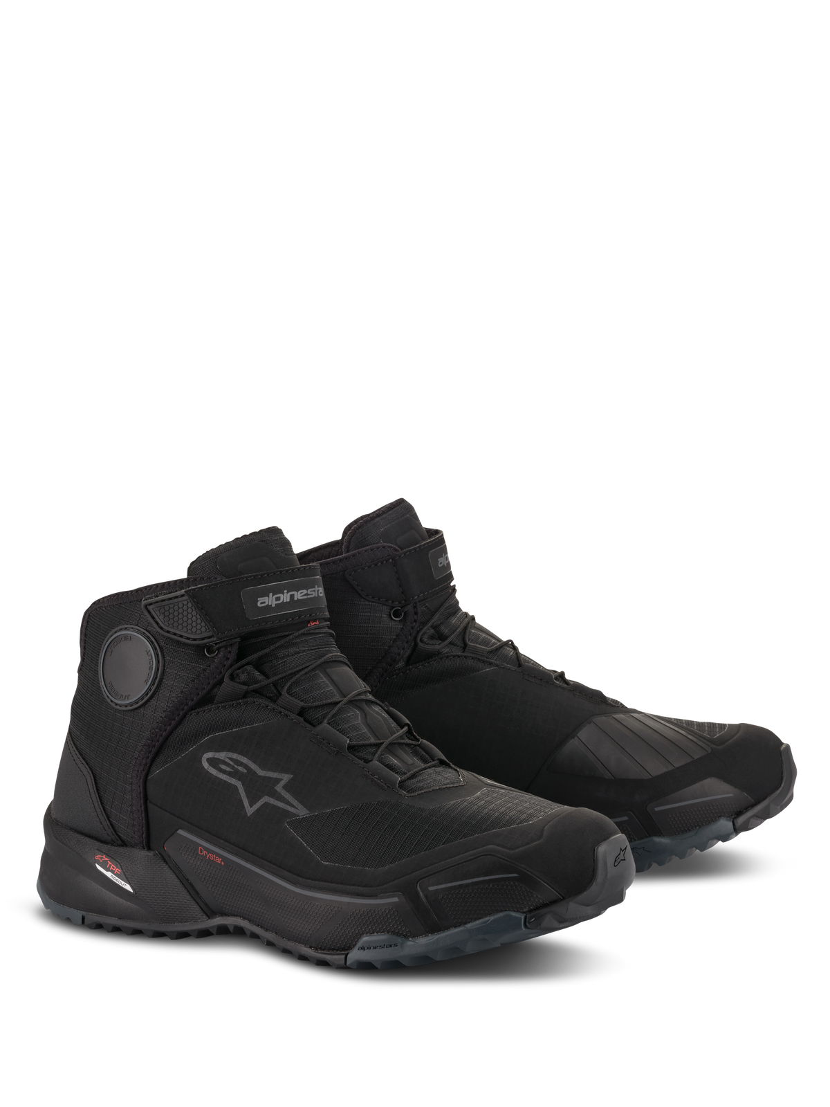 Sapatos de Condução Alpinestars CR-X Drystar®, sapatos de motociclismo impermeáveis, pretos, design atlético com ajuste de ténis de corrida, discos internos no tornozelo, reforço para mudança de velocidades e sola de borracha robusta para condução urbana e conforto ao caminhar