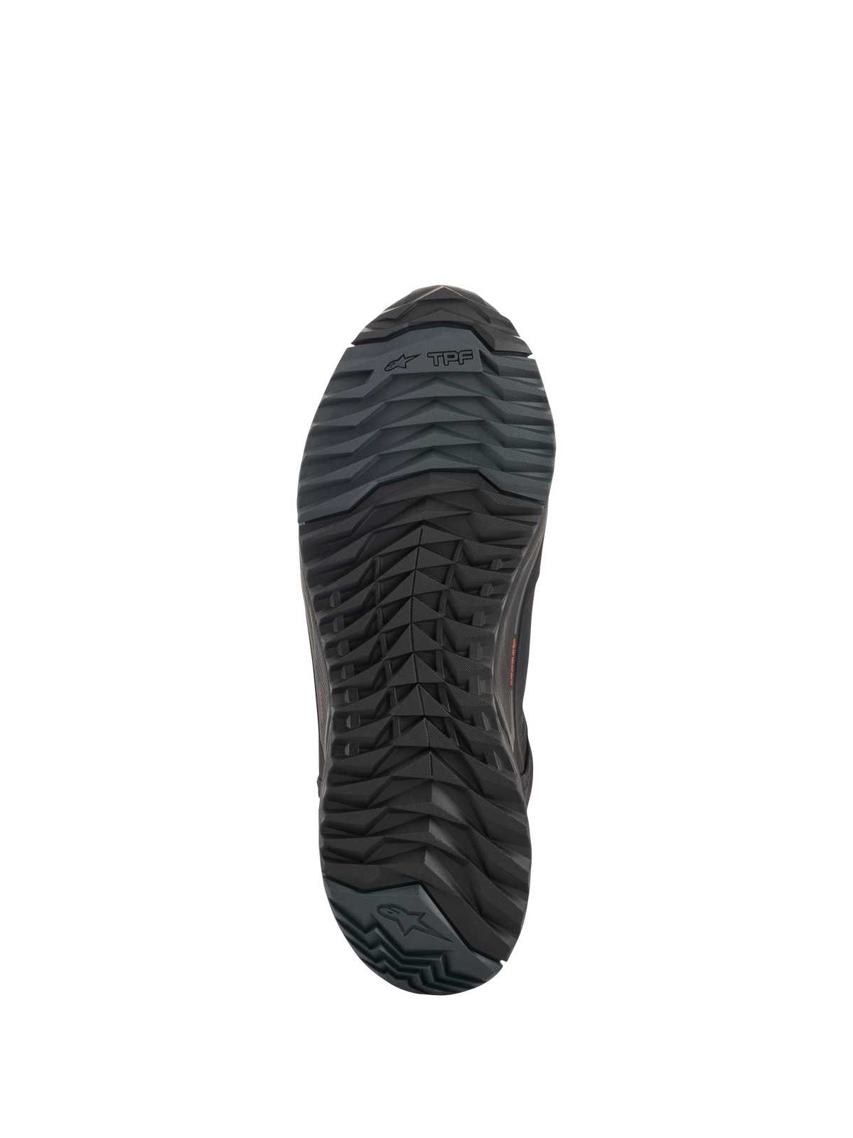 Alpinestars CR-X Drystar® Riding Shoes, Motorcycle Riding Shoes, Black, bottom view of the outsole showing asymmetric stud configuration, oil-resistant rubber compound, and Alpinestars branding.