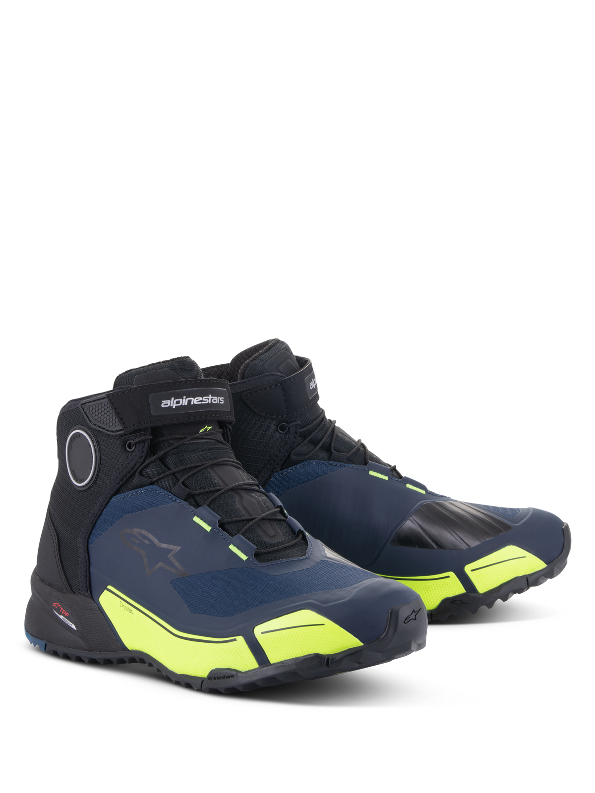 Alpinestars CR-X Drystar® Riding Shoes, Black Dark Blue and Yellow Fluo, waterproof motorcycle shoes with a running shoe silhouette, mid-cut design featuring athletic styling and bright fluorescent yellow accents.