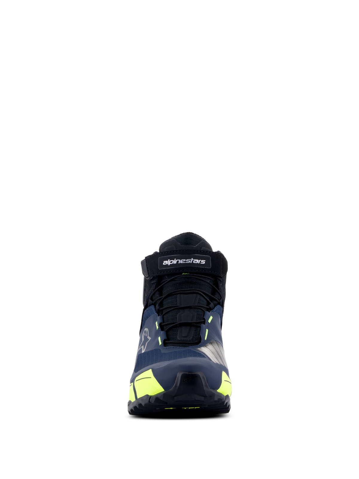 Alpinestars CR-X Drystar® Riding Shoes, Motorcycle Riding Shoes, Black Dark Blue and Yellow Fluo, front view, featuring a velcro strap with alpinestars branding, black laces, and vibrant yellow accents, athletic-inspired design for all-day comfort.