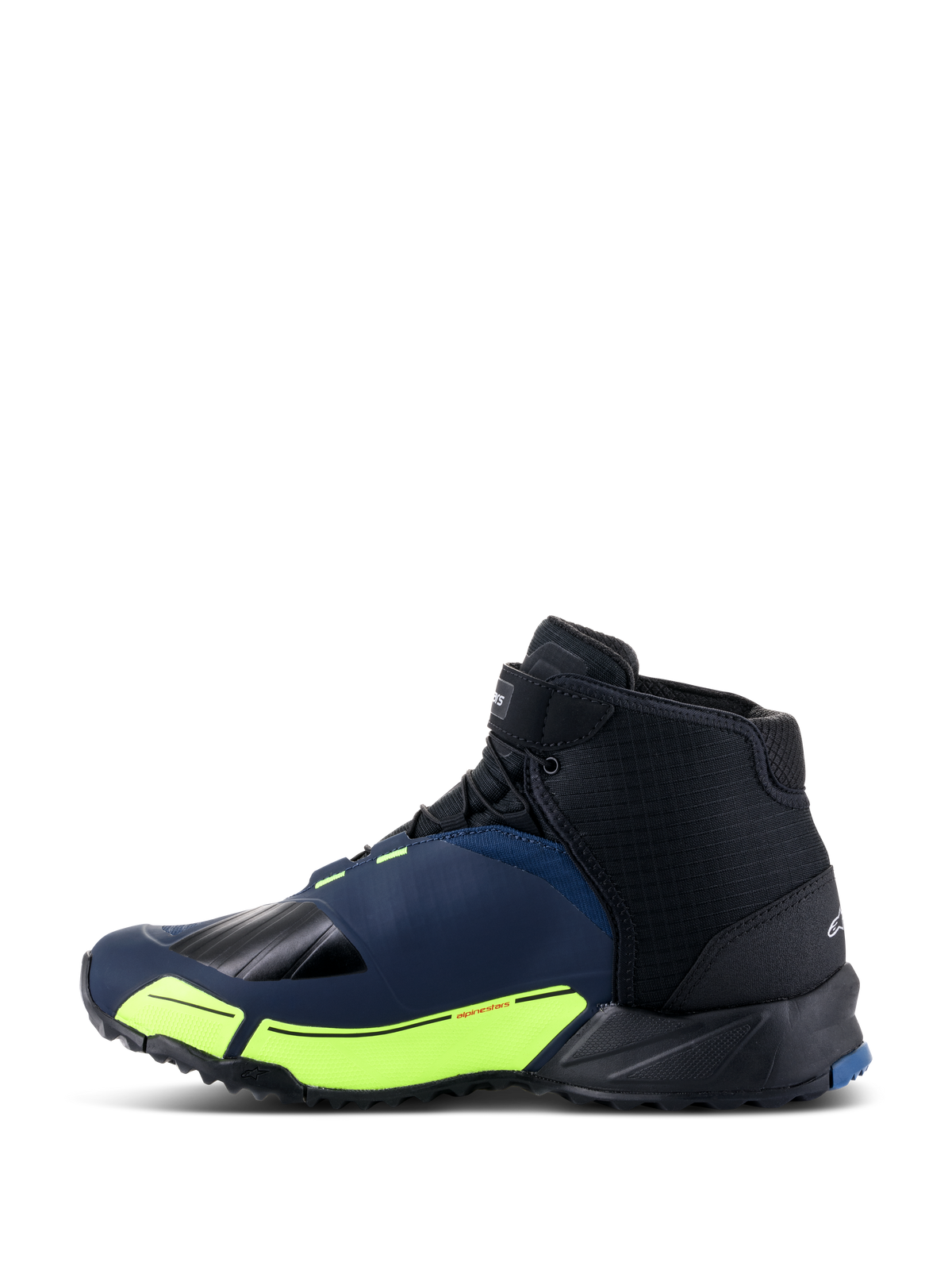 Alpinestars CR-X Drystar® Riding Shoes, Motorcycle Riding Shoes, Black Dark Blue and Yellow Fluo, side profile featuring a running shoe silhouette, waterproof Drystar membrane, fluorescent yellow midsole accents, and reinforced toe and heel for protection.