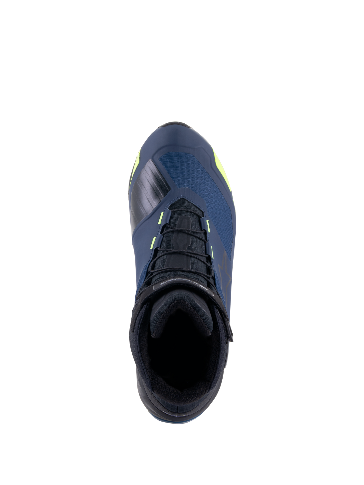Alpinestars CR-X Drystar® Riding Shoes, top view, Black Dark Blue and Yellow Fluo, waterproof motorcycle shoes with a running shoe silhouette, featuring black laces and vibrant yellow accents on a dark blue upper