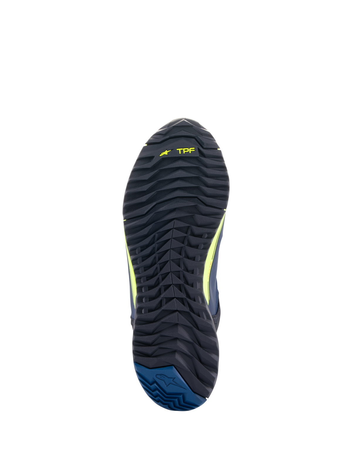 Alpinestars CR-X Drystar® Riding Shoes, Outsole view, Black with Yellow Fluo TPF branding and Dark Blue heel, rugged textured tread for traction and all-day walking comfort