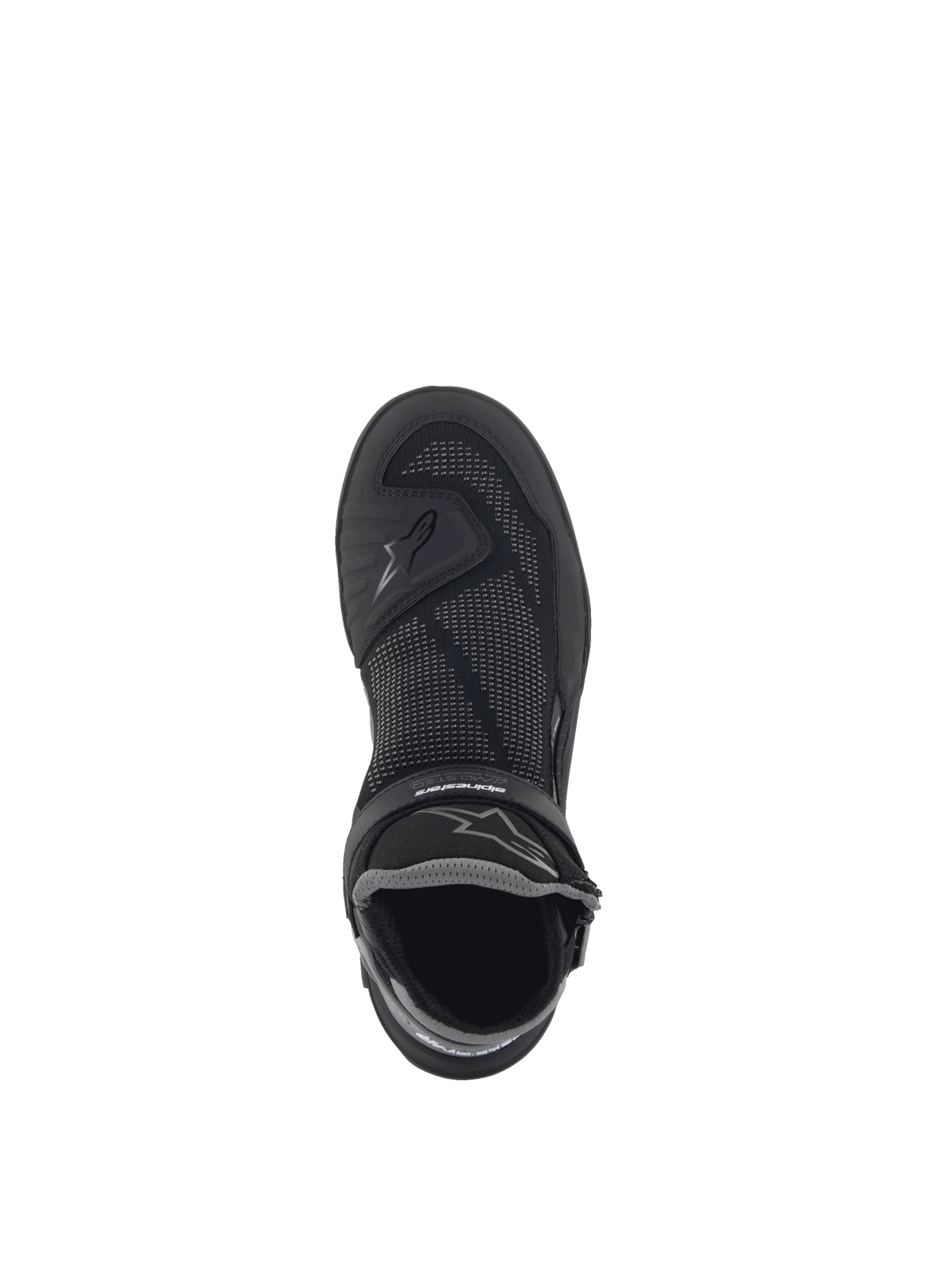Alpinestars Sapatos Speedflight Street, sapatos de moto urbanos, pretos e cinzentos gun metal, parte superior em malha tricotada com reforços em TPU, vista superior e logótipo.