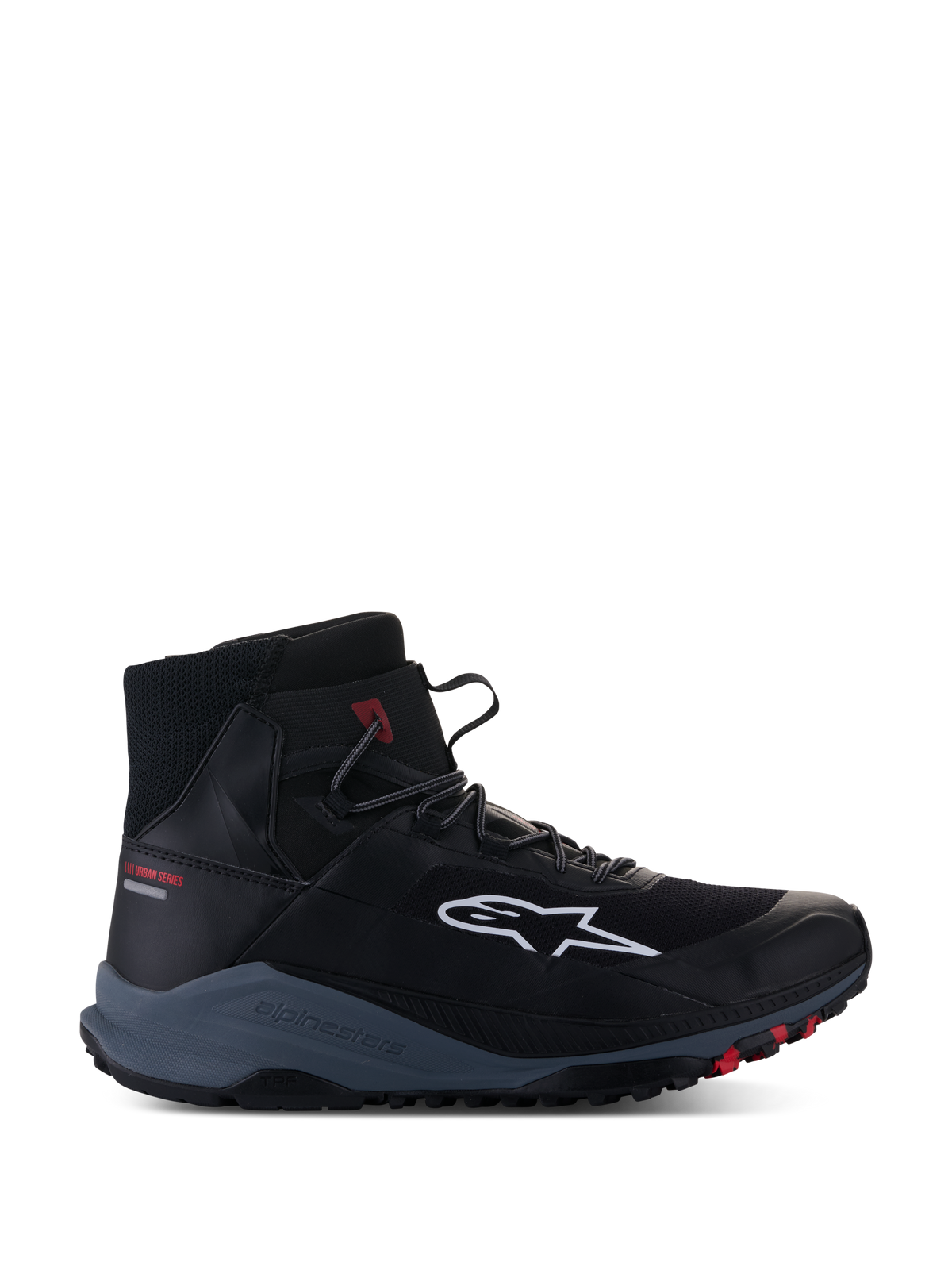 Alpinestars sapatos Speedforce XR, sapatos de moto urbanos para homem, pretos e cinzentos com pormenores vermelhos e proteção.