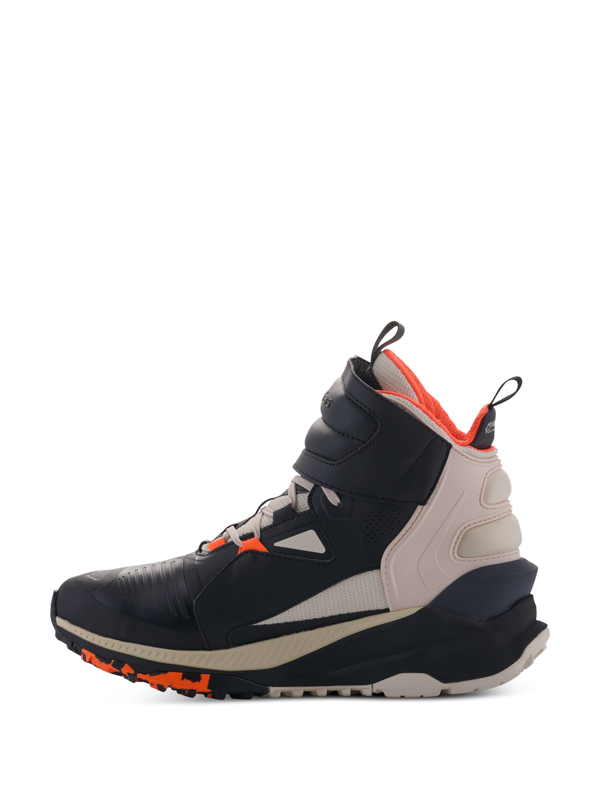 Alpinestars Speedstreet Shoes, Black Almond Hot Orange, high-top motorcycle riding shoe with microfiber upper, almond beige heel panel and hot orange lining, featuring a large ankle strap and textured sole, urban streetwear-inspired design