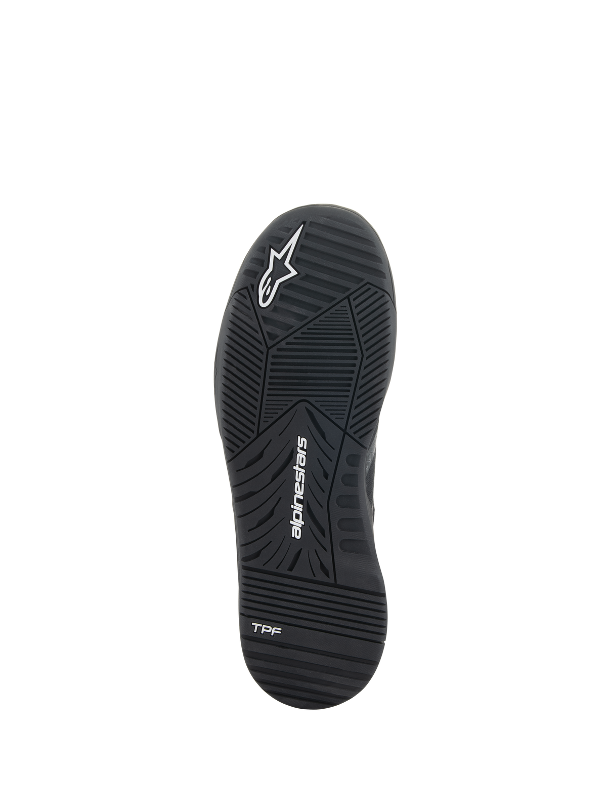 Alpinestars Speedflight Shoes, Motorcycle Riding Shoes, Black, Underside view of the dual-density rubber sole, featuring Alpinestars logo and TPF branding, engineered tread pattern for urban performance