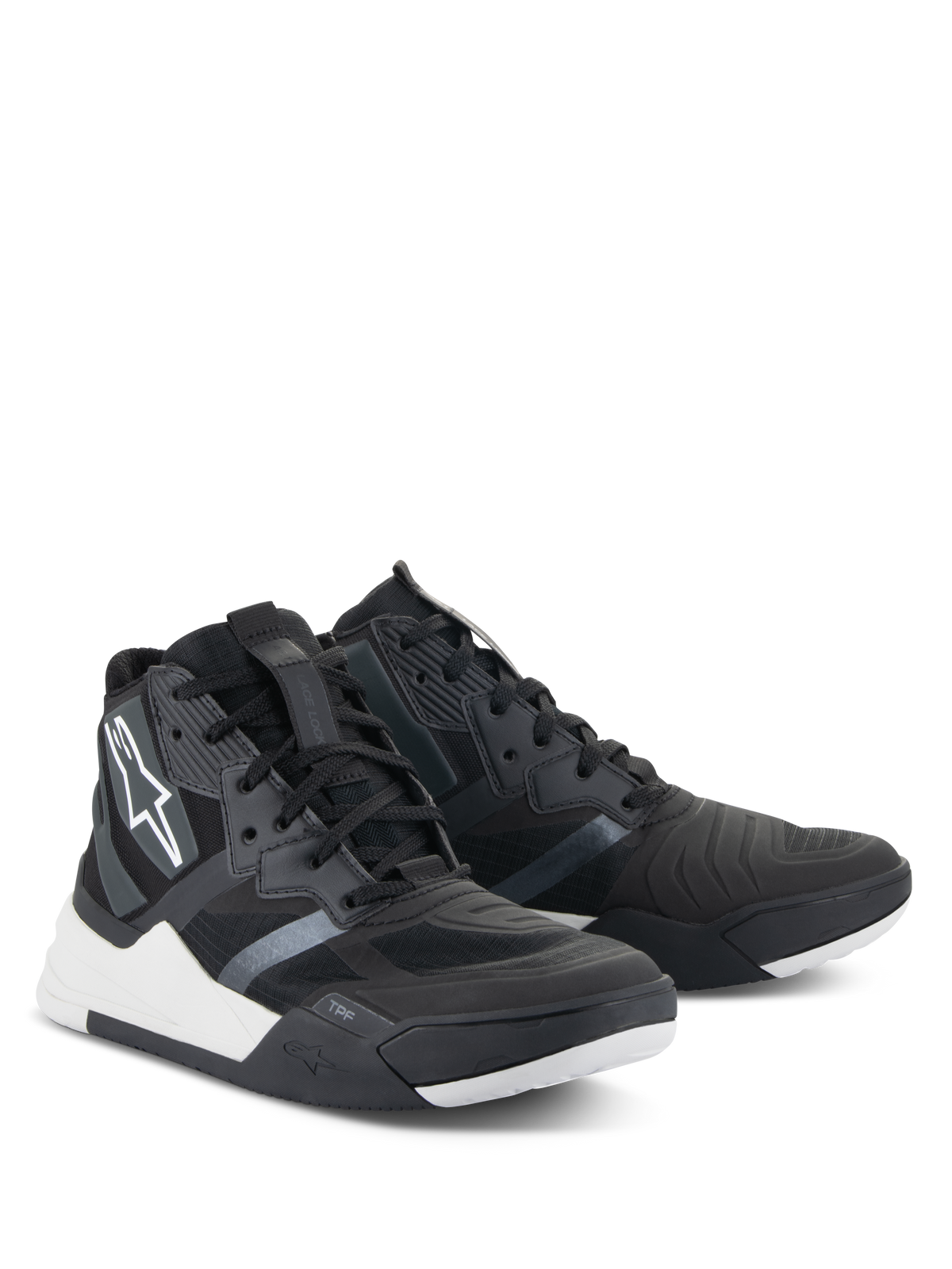 Alpinestars Speedflight Shoes, Performance Riding Shoes, Black and White, street-styled motorcycling sneakers featuring a ripstop upper, white midsole accents, and Alpinestars logo on the side