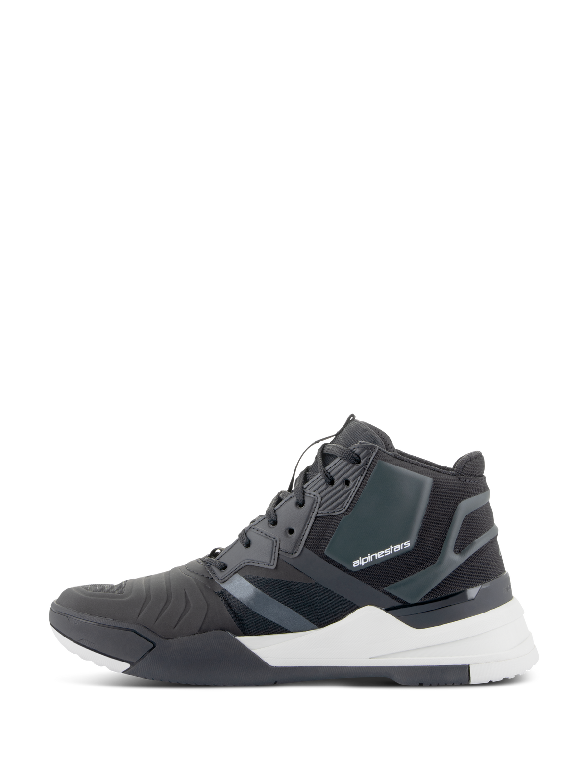 Alpinestars Speedflight Shoes, Performance Riding Shoes, Black and White, side profile view featuring a ripstop upper with seamless reinforcement panels, Alpinestars branding on the side, and a thick white midsole, urban technical motorcycle footwear